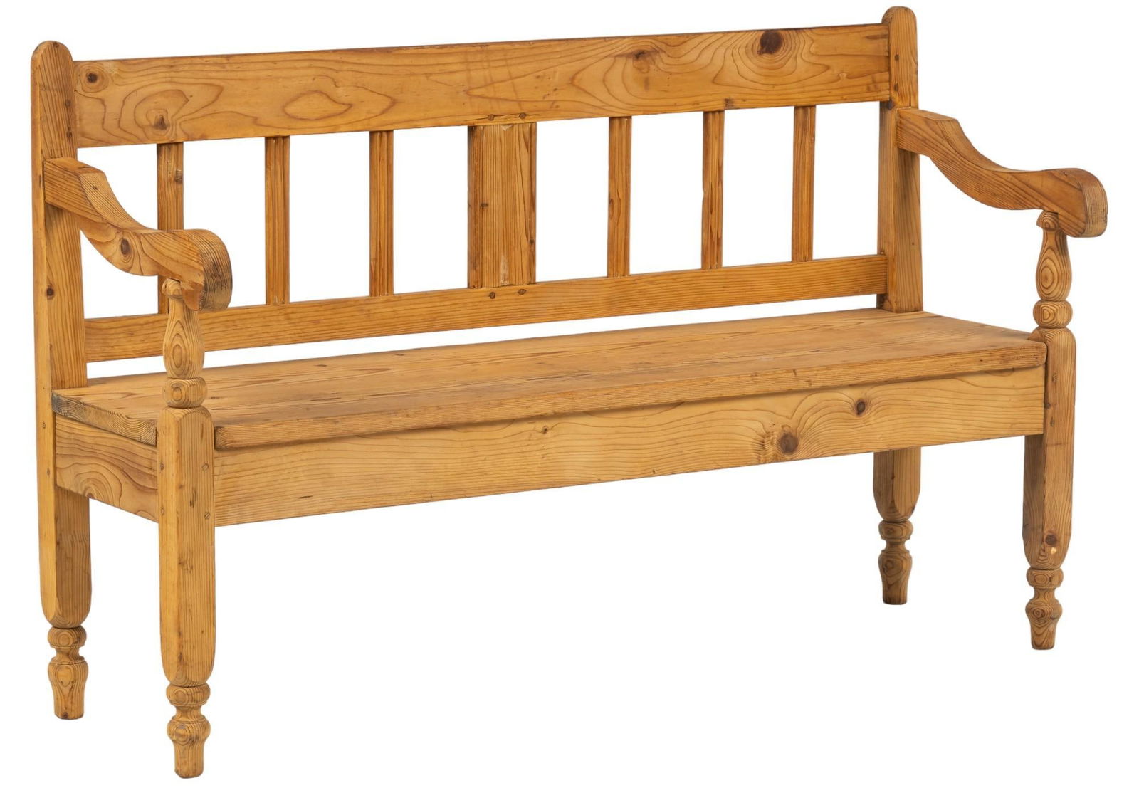 Wooden Hallway Bench: Wooden hallway bench, slat back with scrolled arms and turned legs height 37.5 in. x width 59.5 in. x depth 20.5 in. Shipping available for this lot through our partner 4CL; please request a shippin