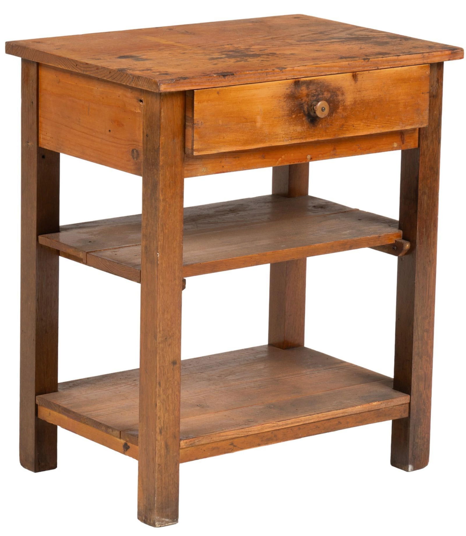 Farmhouse Side Table: Farmhouse side table with single drawer over two lower storage tiers, supported on block legs height 30 in. x width 25 in. x depth 18 in. Shipping available for this lot through our partner 4CL; ple