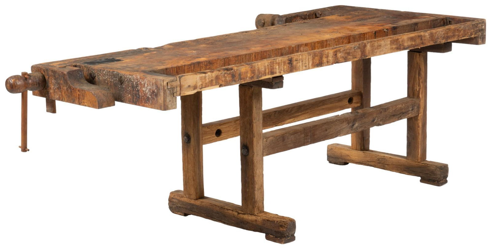 Rustic Work Table: Rustic work table, with dovetail joinery and vice, supported on trestle legs height height 29 in. x width 84 in. x depth 41 in. Shipping available for this lot through our partner 4CL; please reques