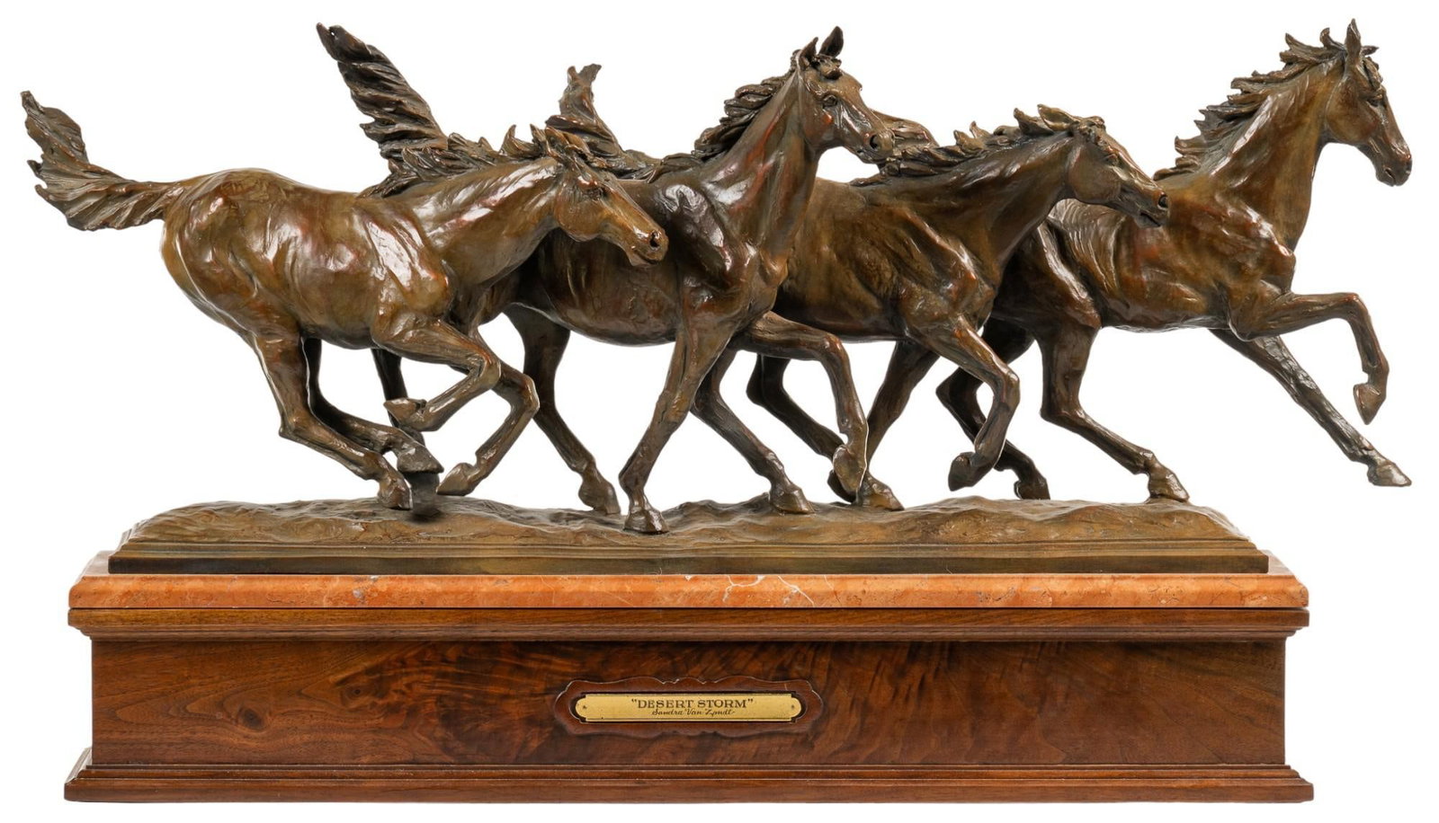 Sandra Van Zandt, "Desert Storm", 1991: Sandra Van Zandt (Oklahoma, b. 1948), "Desert Storm", 1991, artist-cast bronze sculpture on wooden base, ed. 1/25 height 18.5 in. x width 31 in. x depth 6.5 in. Shipping available for this lot