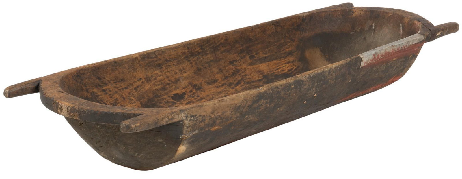 Wooden Dough Bowl: Wooden dough bowl length 77 in. x width 24 in. x height 12 in. Shipping available for this lot through our partner 4CL; please request a shipping quote at shipping@vogtauction.com or 210-971-5750.