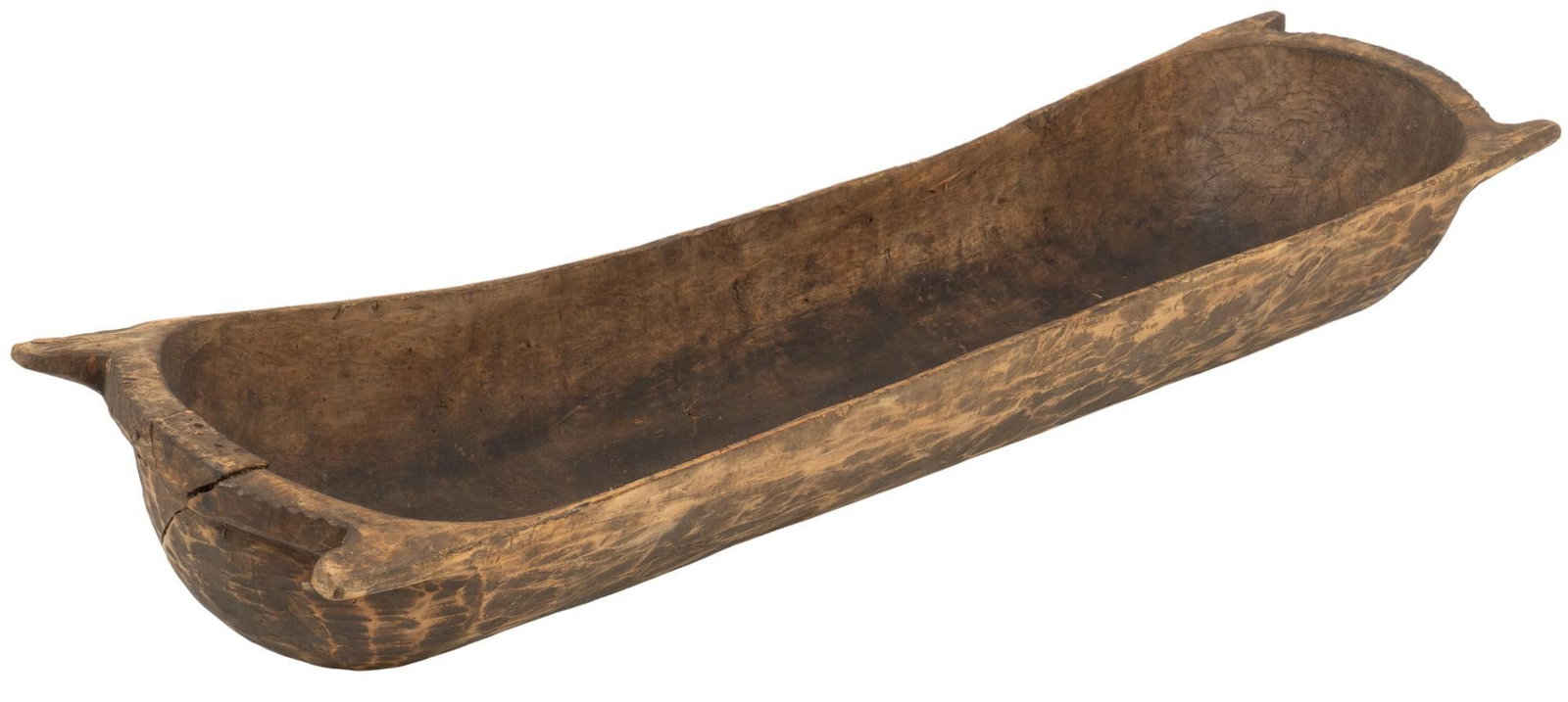 Wooden Dough Bowl: Wooden dough bowl length 78 in. x width 18 in. x height 12 in. Shipping available for this lot through our partner 4CL; please request a shipping quote at shipping@vogtauction.com or 210-971-5750.