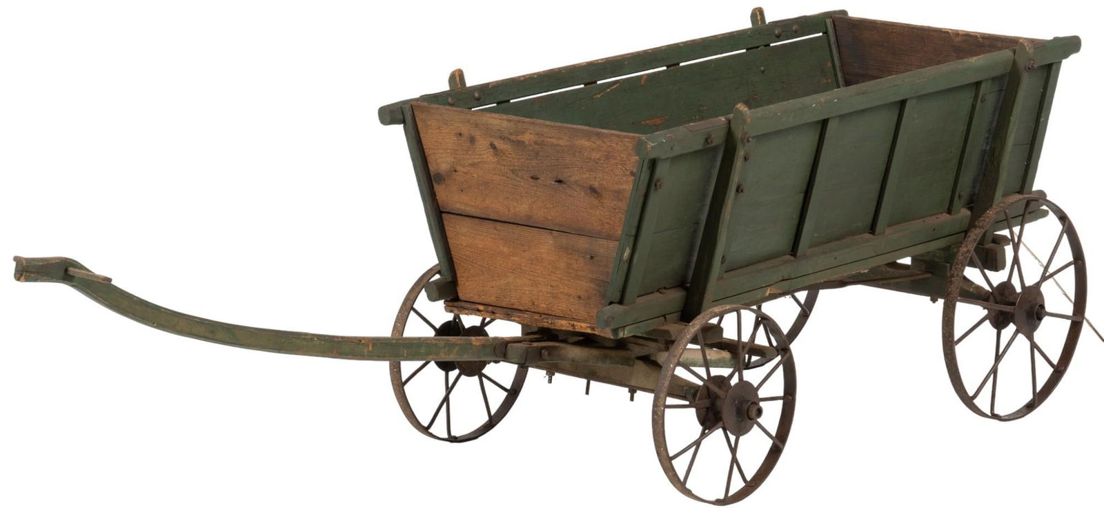 Farmhouse Wooden Cart: Farmhouse wooden cart, pull style cart with wooden handle, four metal wheels Shipping available for this lot through our partner 4CL; please request a shipping quote at shipping@vogtauction.com