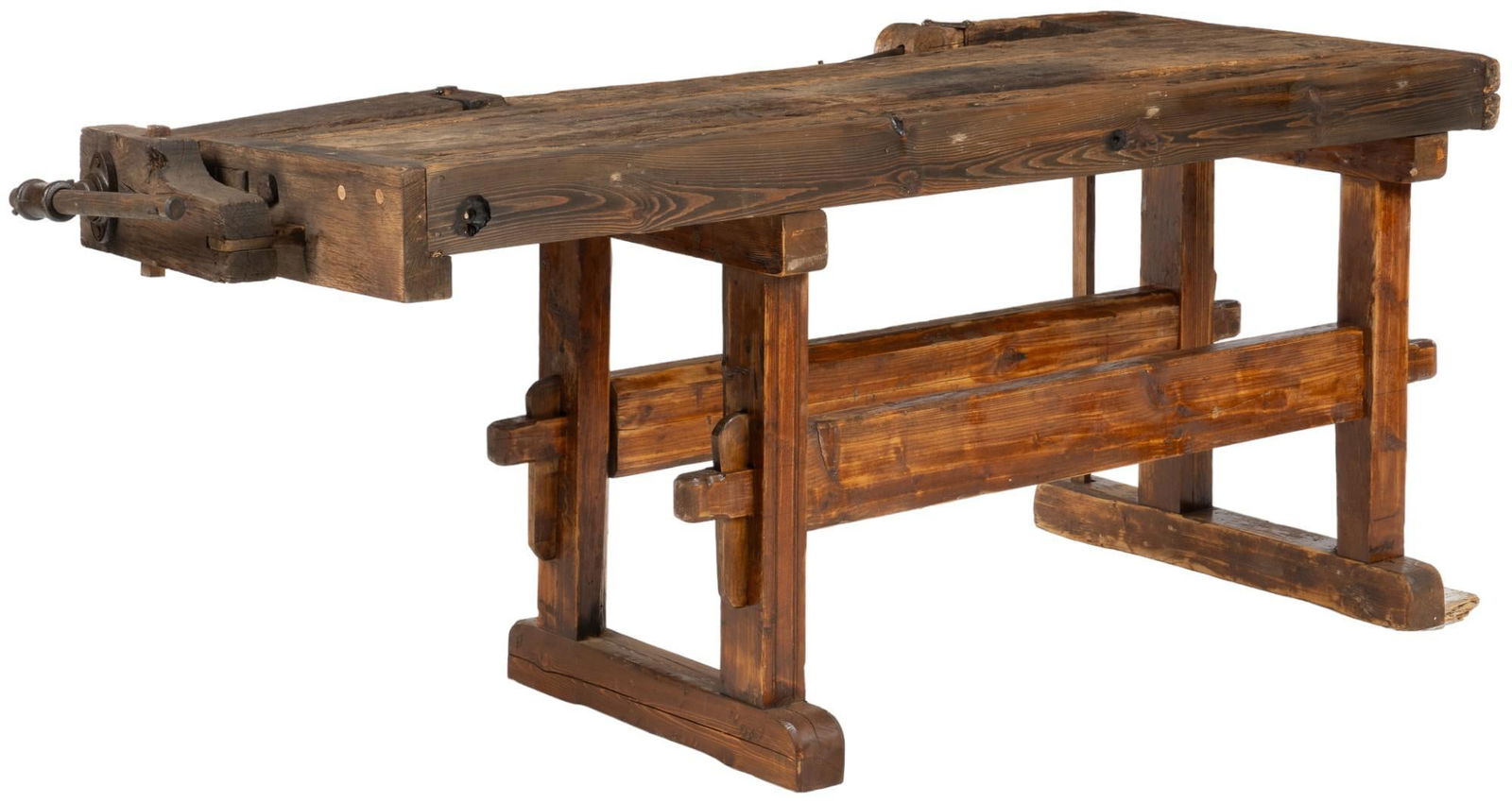 Rustic Worktable: Rustic work table, with dovetail joinery and vice, supported on trestle legs height height 31 in. x width 77 in. x depth 36 in. Shipping available for this lot through our partner 4CL; please reques