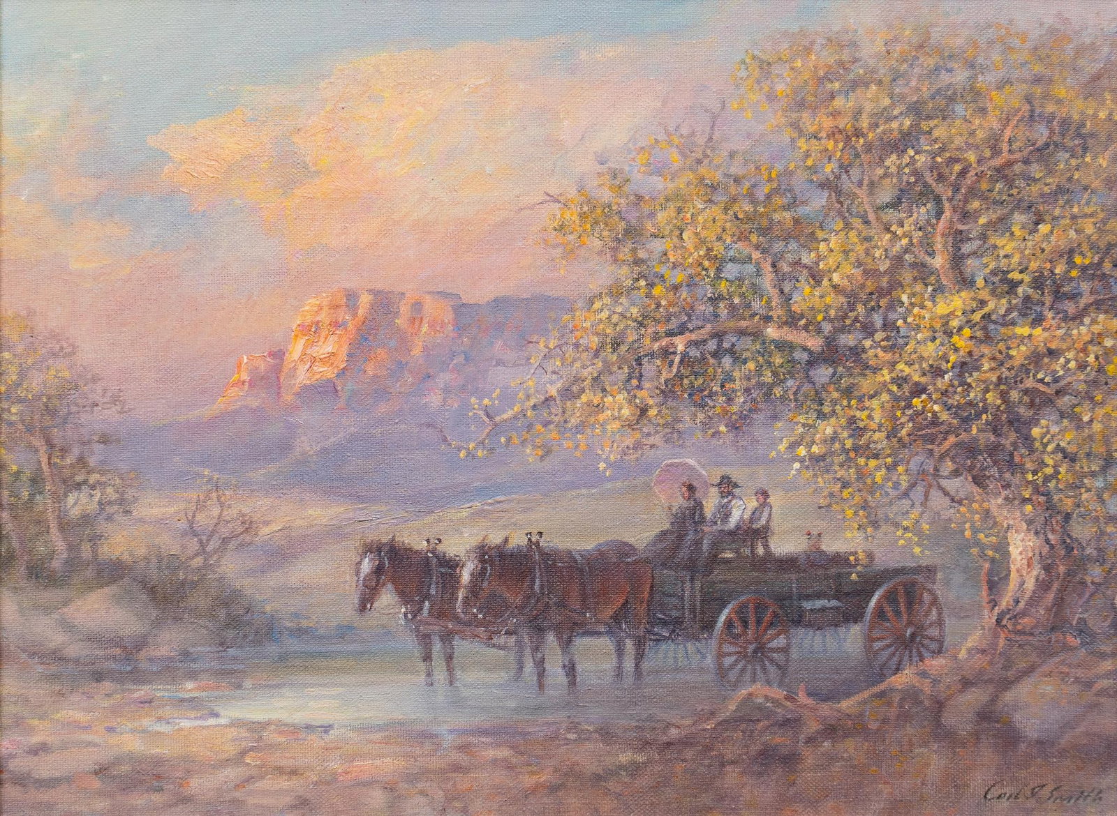 Carl J. Smith, Pioneer Scene: Carl J. Smith (Texas, b. 1928), pioneer scene, oil on canvas sight: 12 x 16 in., frame: 17.5 x 21.5 in. In 1966, after careers in the Army and as a teacher, Carl J. Smith moved to Canyon, Texas, and b