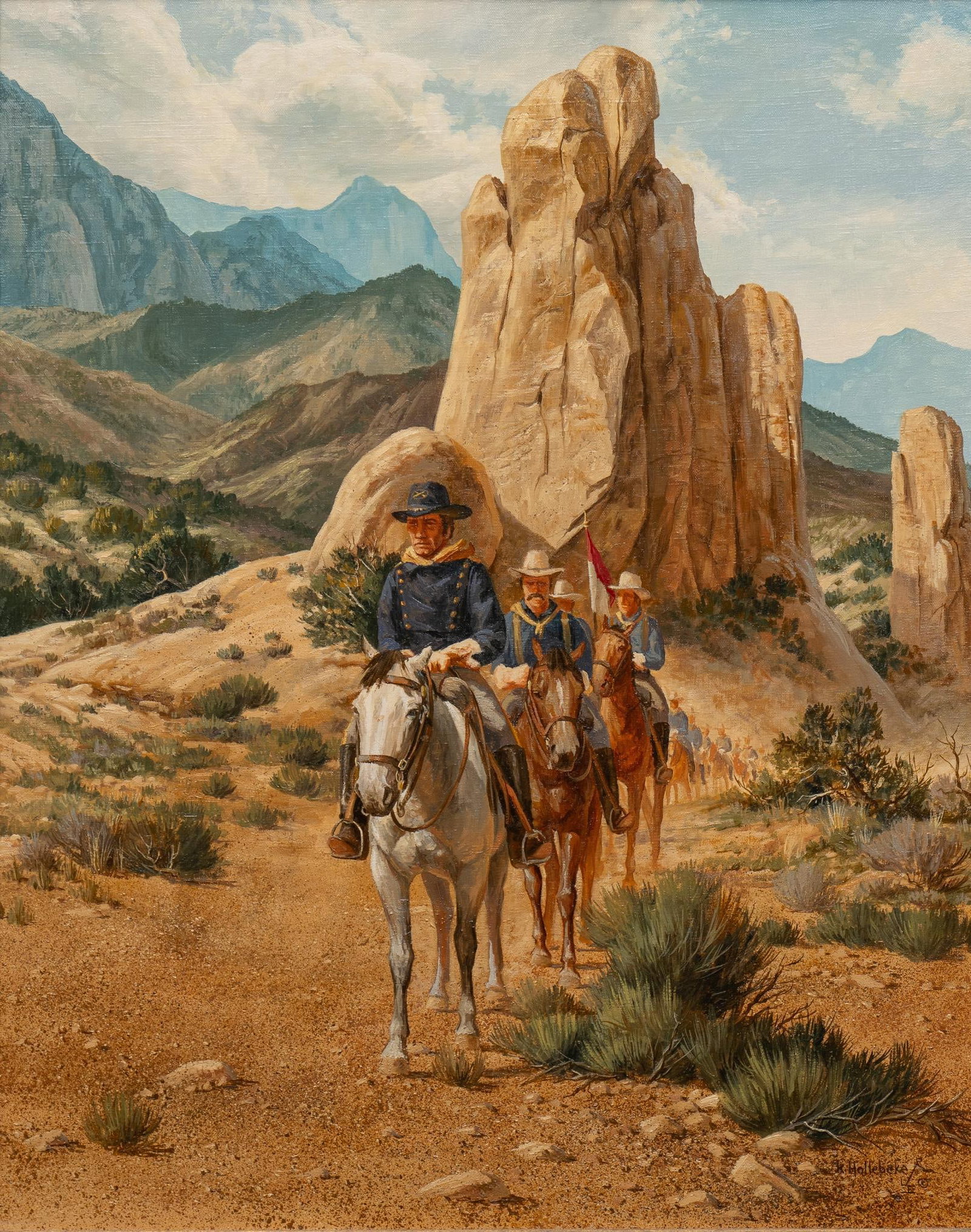 Karin Hollebeke, Scouting Party: Karin Hollebeke (Germany / Utah, b. 1950), scouting party through red boulders, oil on canvas sight: 30 x 24 in., frame: 42 x 35.5 in. Born in West Germany, Karin Hollebeke came to the United States a