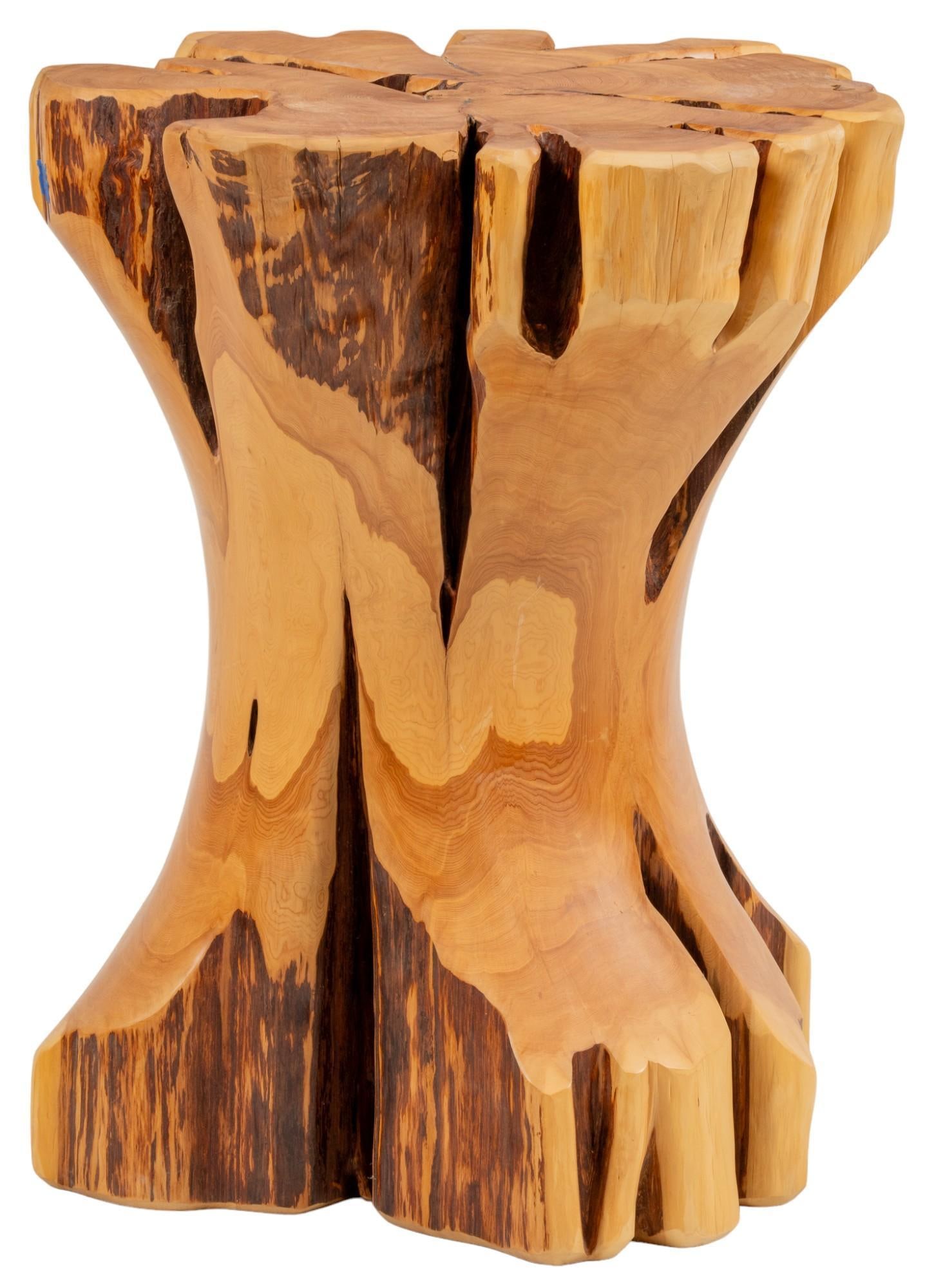 Live Edge Cedar Side Table: Live edge cedar wood side table height 29 in. x width 23 in. x depth 23 in. Provenance: Property from the monumental lifetime collection of a distinguished Dallas, Texas business leader and ranch owne