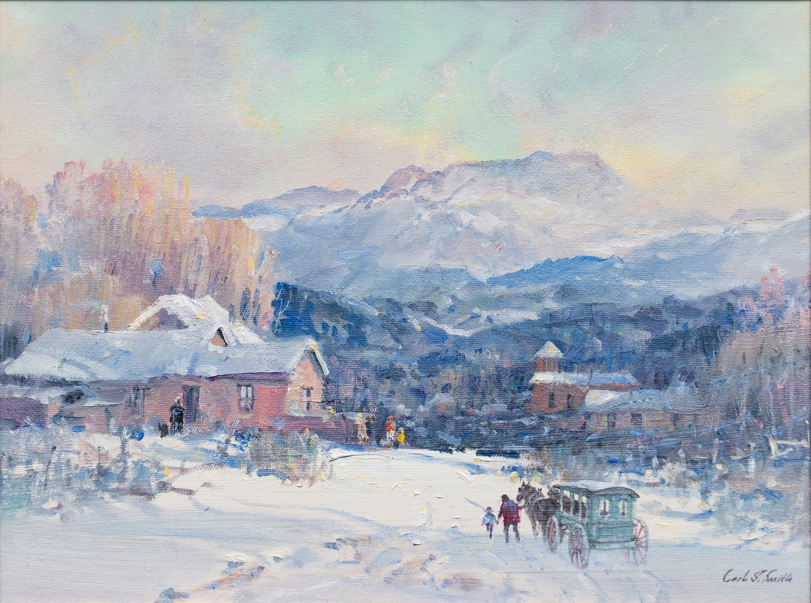 Carl J. Smith, "Hermit's Peak Morning": Carl J. Smith (Texas, b. 1928), "Hermit's Peak Morning", oil on canvas sight: 12 x 16 in., frame: 17.5 x 21.5 in. In 1966, after careers in the Army and as a teacher, Carl J. Smith moved