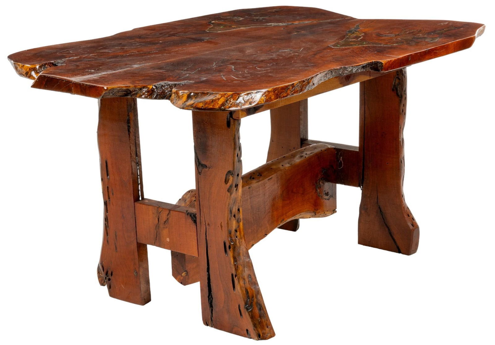 Live Edge Table: Live edge table featuring organically shaped top, with resin inlay containing accenting flecks of iridescent material, supported on planar trestle legs height 30 in. x width 59 in. x depth 39 in. P