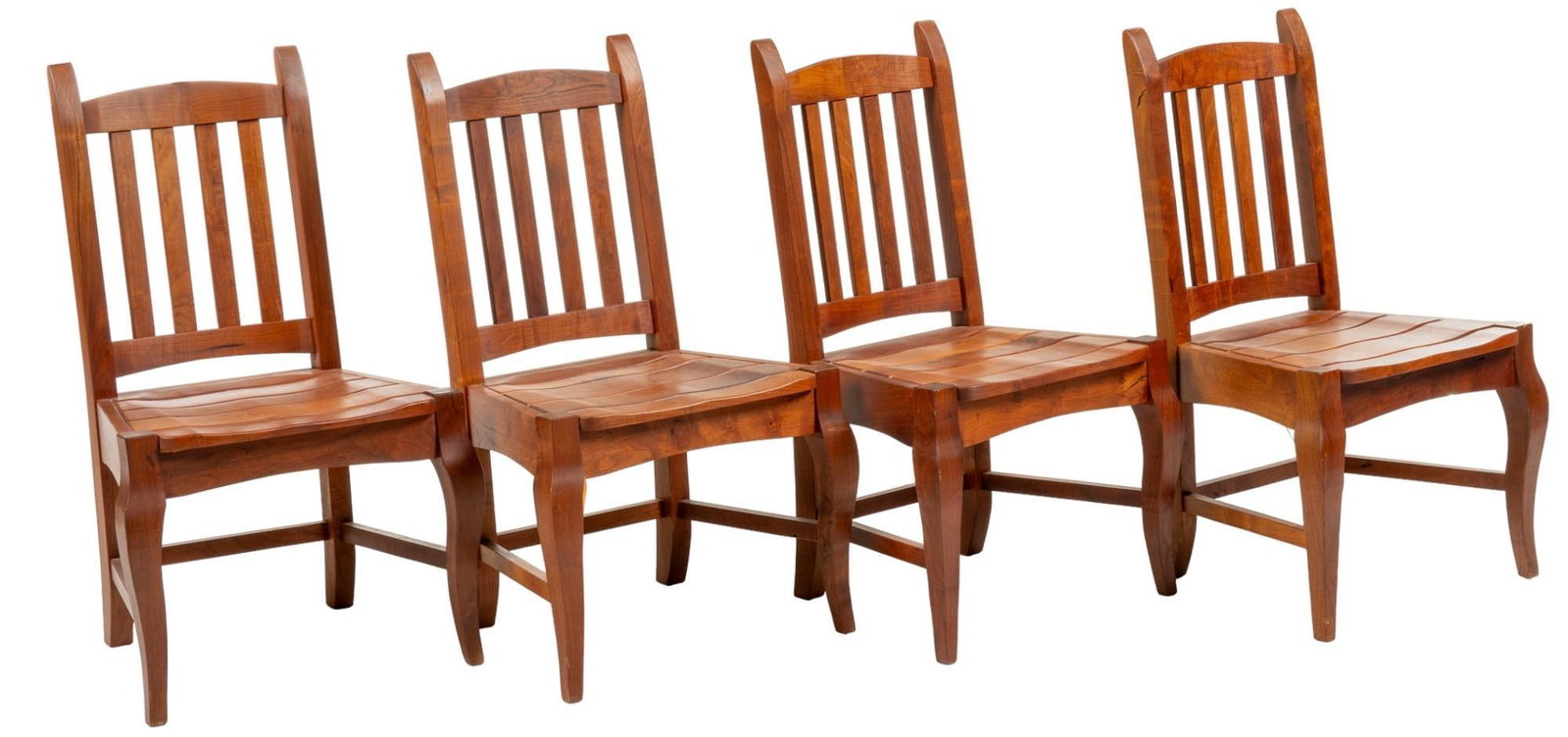 Set of (4) Ranch Style Chairs: Set of four ranch style wooden chairs with slat back, supported on block legs with H-form stretcher height 39 in. x width 23.5 in. x depth 22 in. Provenance: Property from the monumental lifetime coll