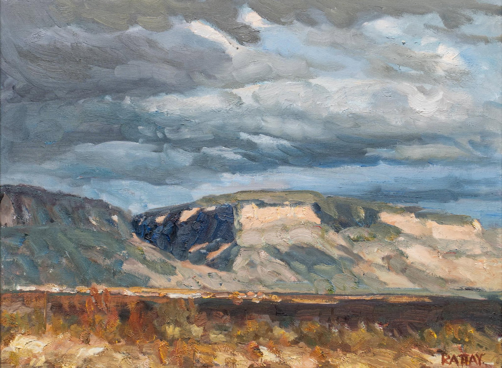 Bohuslav Rattay, "Storm over Alamogordo", 2023: Bohuslav Rattay (El Paso, Texas), "Storm over Alamogordo", 2023, oil on canvas sight: 18 x 24 in., frame: 22 x 28 in. Shipping available for this lot through our partner 4CL; please request a shipping