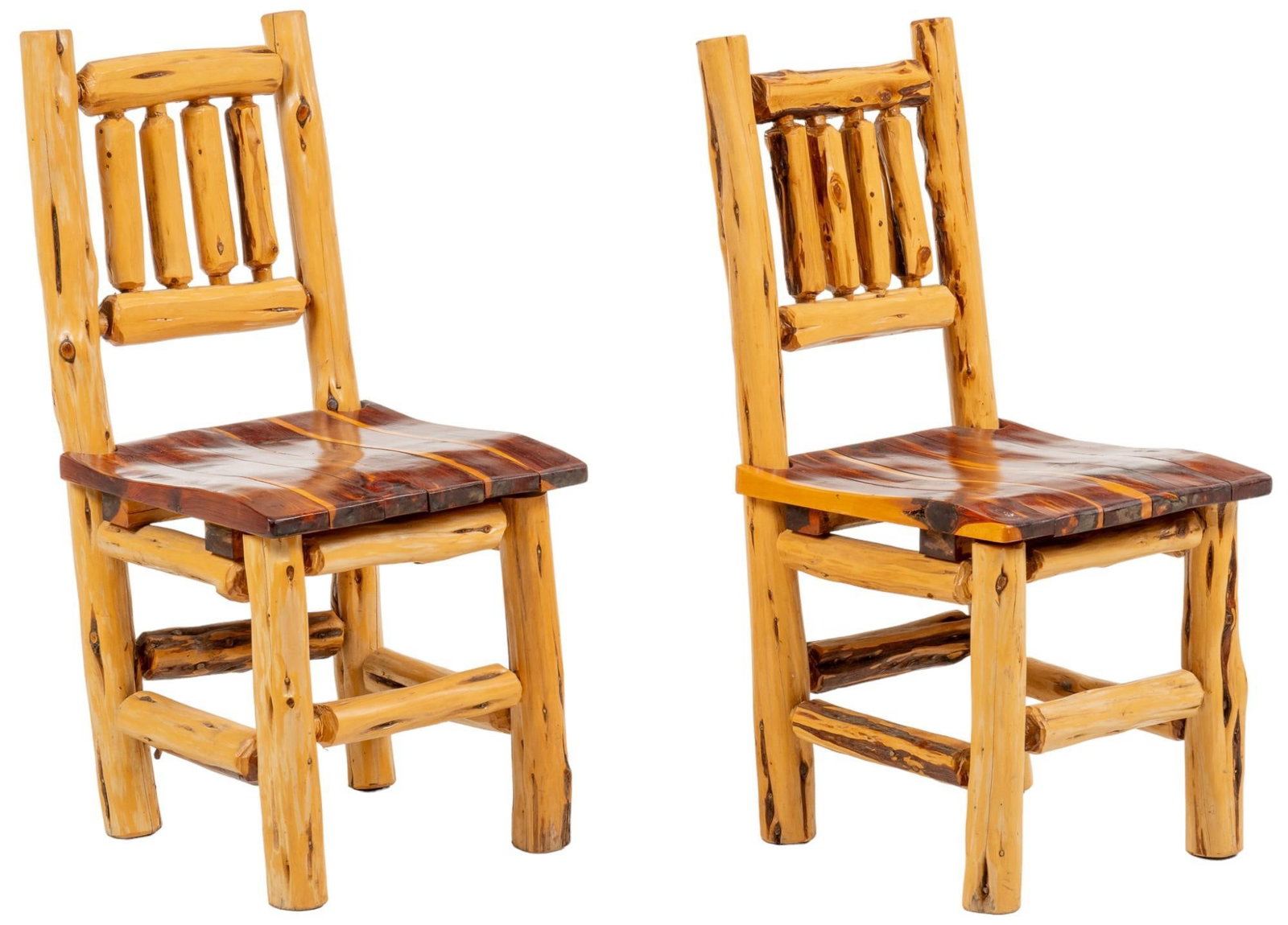 Pair of Cedar Log Chairs: Pair of live edge cedar chairs, supported on log legs with stretchers height 37.5 in. x width 20 in. x depth 17.5 in. Provenance: Property from the monumental lifetime collection of a distinguished Da