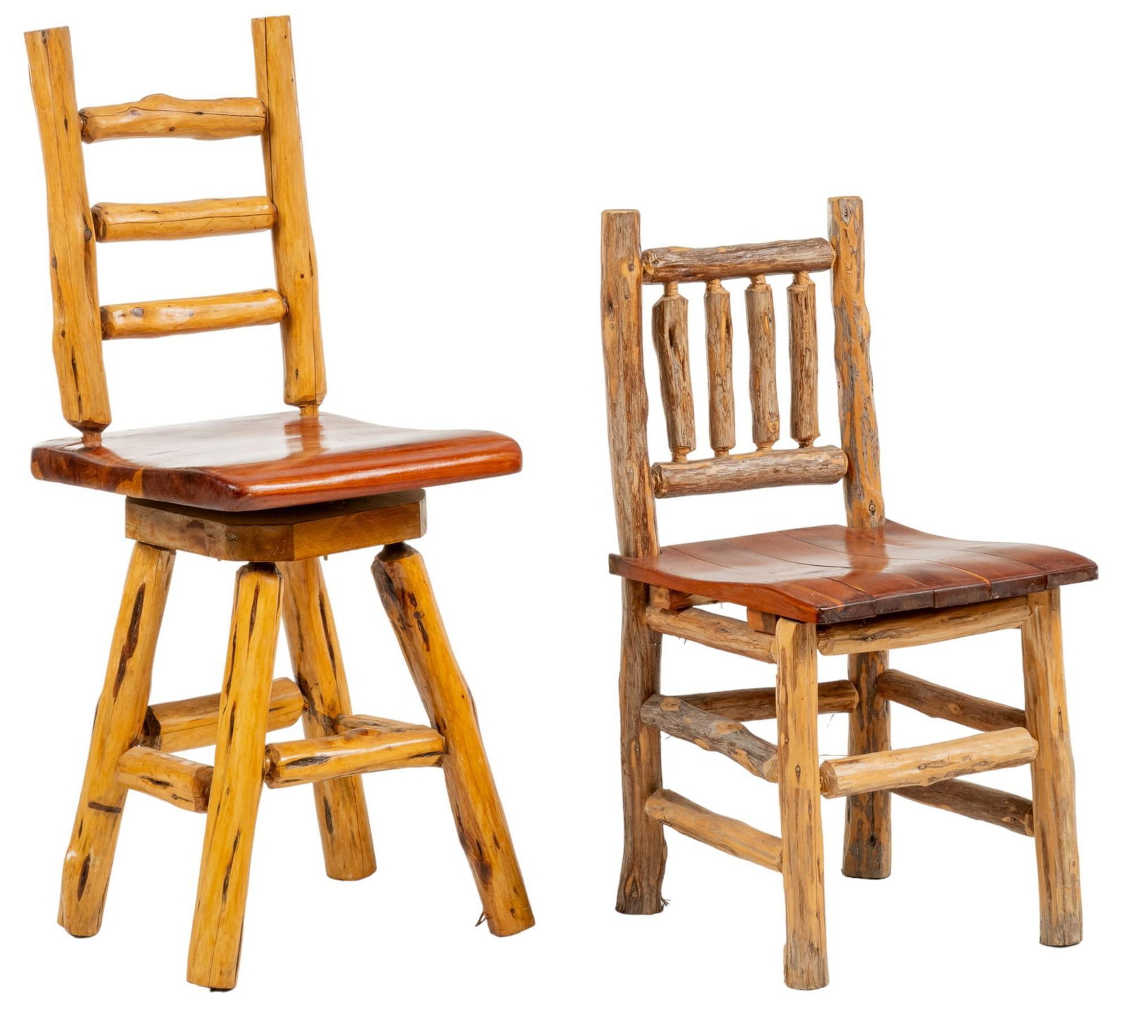 (2) Ranch Style Live Edge Chairs: Two unmatched ranch style live edge chairs, includes on cedar stool supported on splayed log legs, and one chair with log and twig details height 45 in. x width 20 in. x depth 17.5 in. / tallest chair