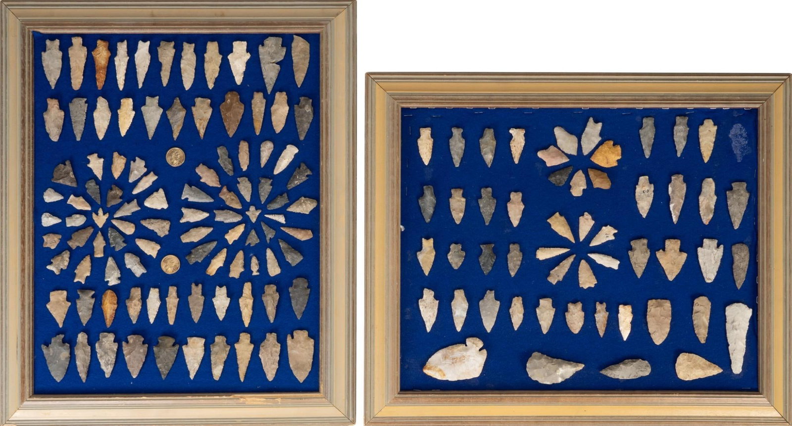 Collection of (2) Frames of Projectile Points: Collection of two frames of projectile points, two wooden frames with blue velvet background with projectile points mounted on, projectile points vary in size, color, and material height 23.5 in. x wi
