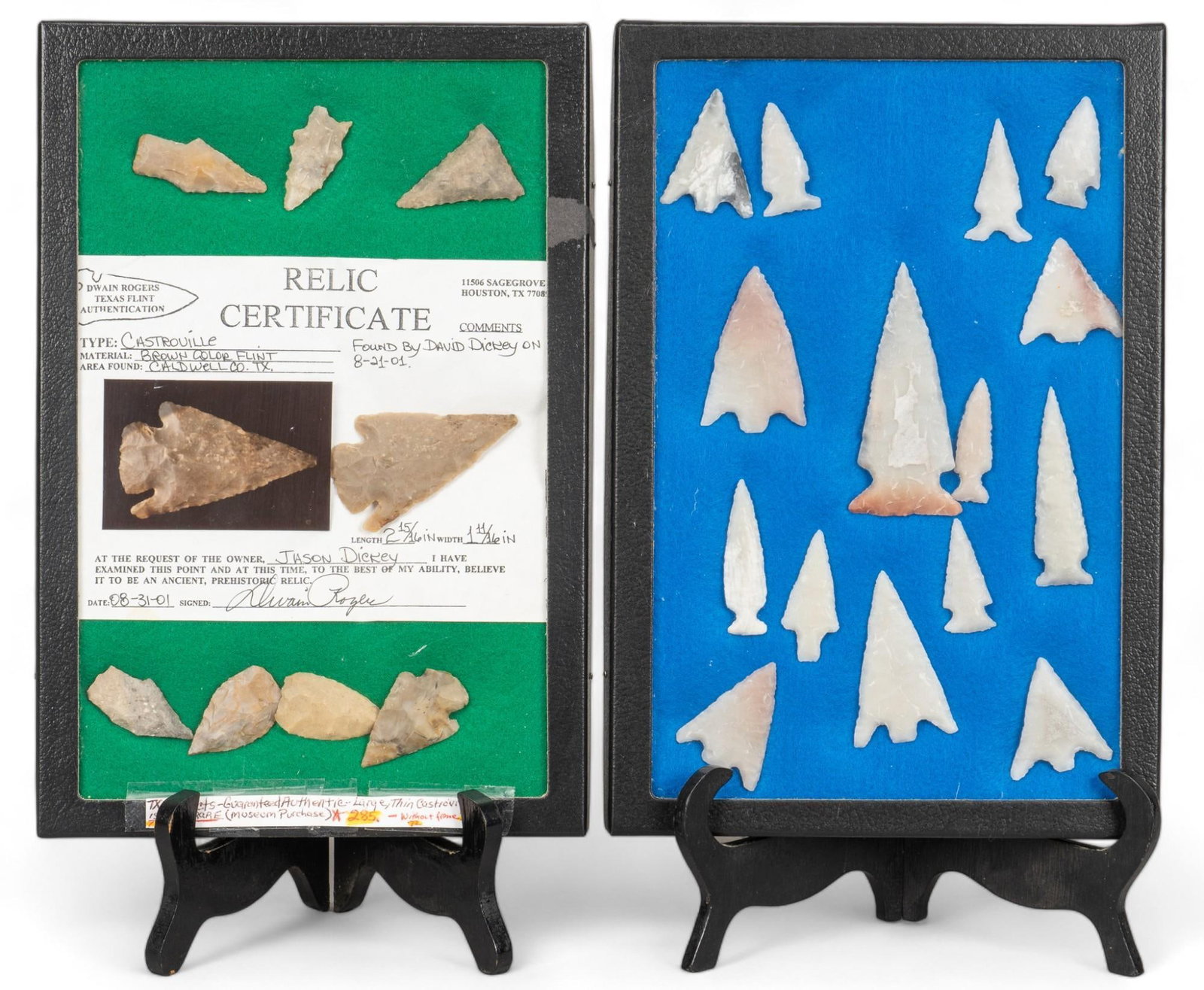 Collection of (2) Frames of Flint Projectile Points: Collection of two frames of flint projectile points, one set comes with relic certificate height 12.5 in. x width 8.5 in. x depth 1 in. / each Provenance: Property from the monumental lifetime collect