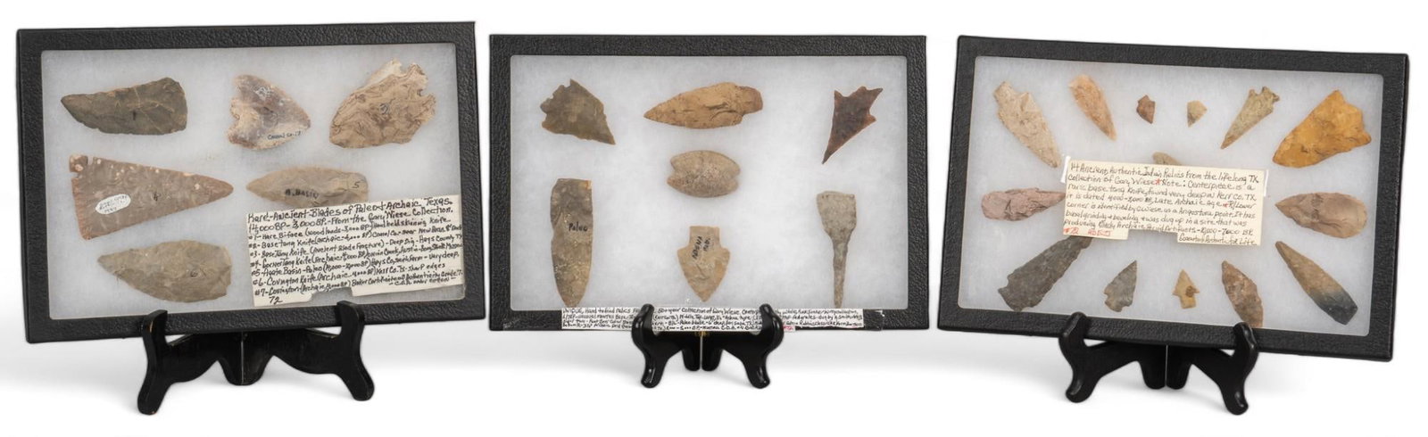 Collection of (3) Frames of Projectile Points: Collection of three frames of projectile points, includes several Tang knives, agate basin, Covington knife, all from Texas height 8.5 in. x width 12.5 in. x depth 1 in. Provenance: Property from the 