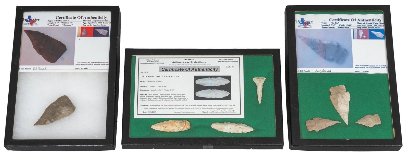Collection of (3) Frames Projectile Points: Collection of three frames projectile points, includes tan and white chert, white/flint chert, grey/brown flint length 12.5 in. x width 8.5 in. x depth 1in. / largest Provenance: Property from the mon