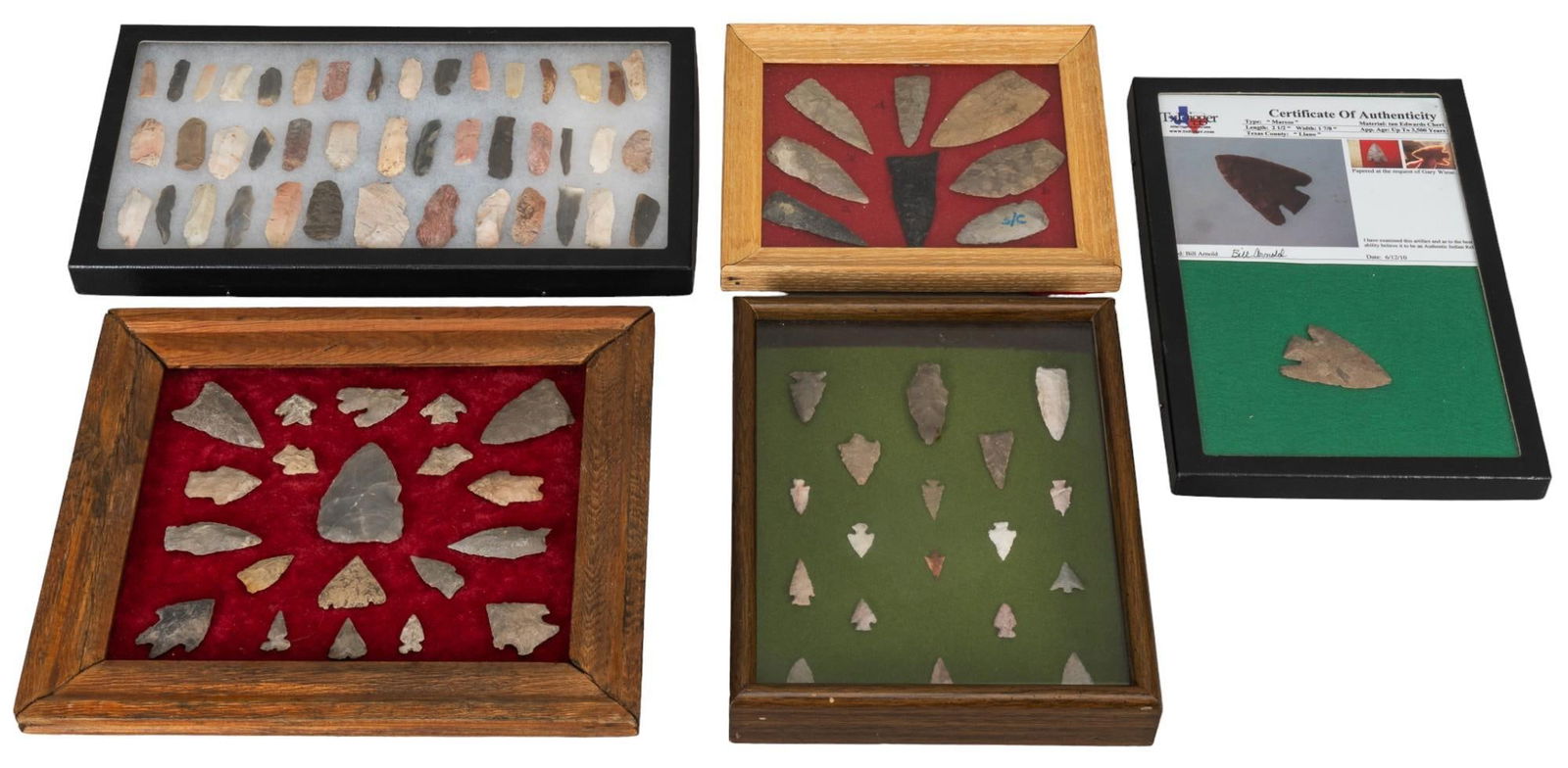 Collection of (5) Frames of Projectile Points: Collection of five frames of projectile points, includes Tan Edwards chert, obsidian point, various other points in different sizes, shapes, and material length 14.5 in. x width 11 in. x depth 1 in.