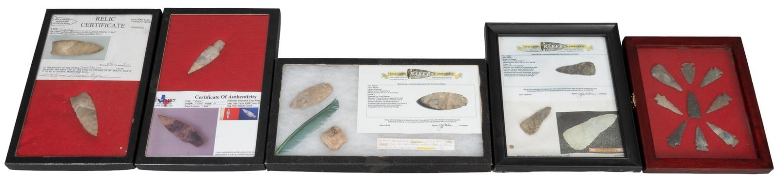 Collection of (5) Frames of Projectile Points: Collection of five frames of projectile points, includes Fort Payne chert, patinated grey flint, with certificates of authenticity height 8.5 in. x width 6.5 in. x depth 1 in. / largest Provenance: Pr