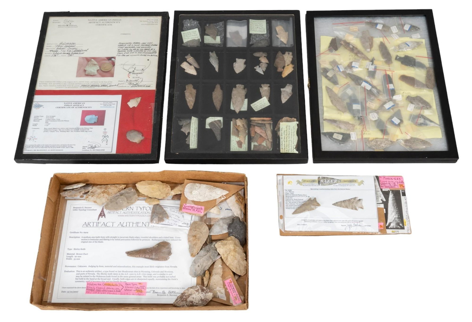 Collection of Projectile Points: Collection of numerous projectile points, includes many numerous examples, featuring various styles, and materials, including semi translucent Edwards Plateau flint, Edwards Plateau chert, with letter