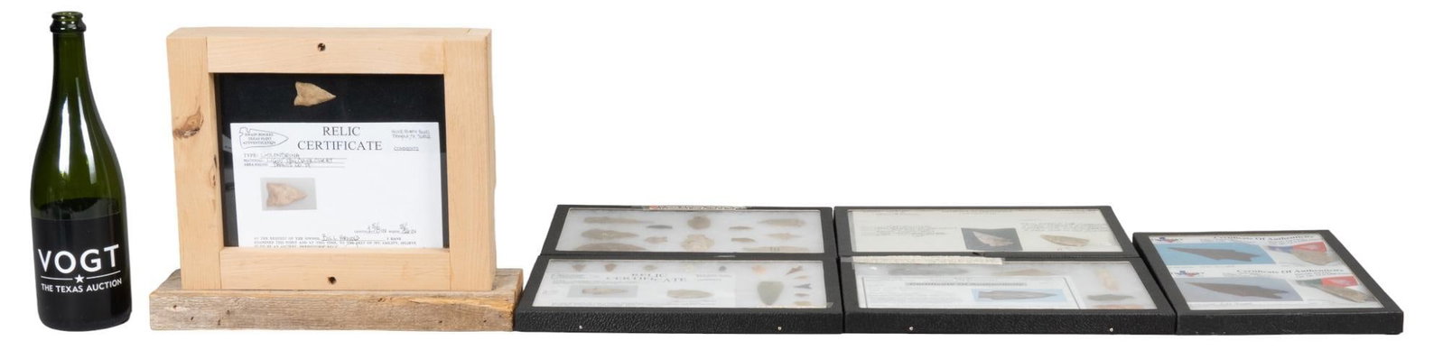 Collection of (6) Frames of Projectile Points: Collection of six frames of projectile points, includes gray flint/chert, tan chert, tan flint, Edwards Plateau flint, each come with authenticity certificate height 11 in. x width 13.5 in. x depth 5 