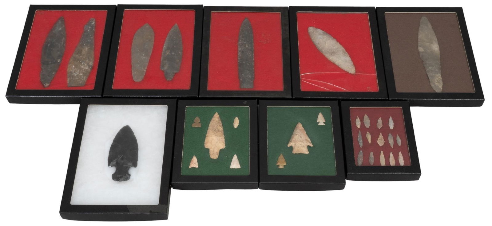Collection of (9) Frames of Projectile Points: Collection of nine frames of projectile points, includes obsidian, flint and chert points height 1 in. x width 8.5 in. x depth 6.5 in. Provenance: Property from the monumental lifetime collection of