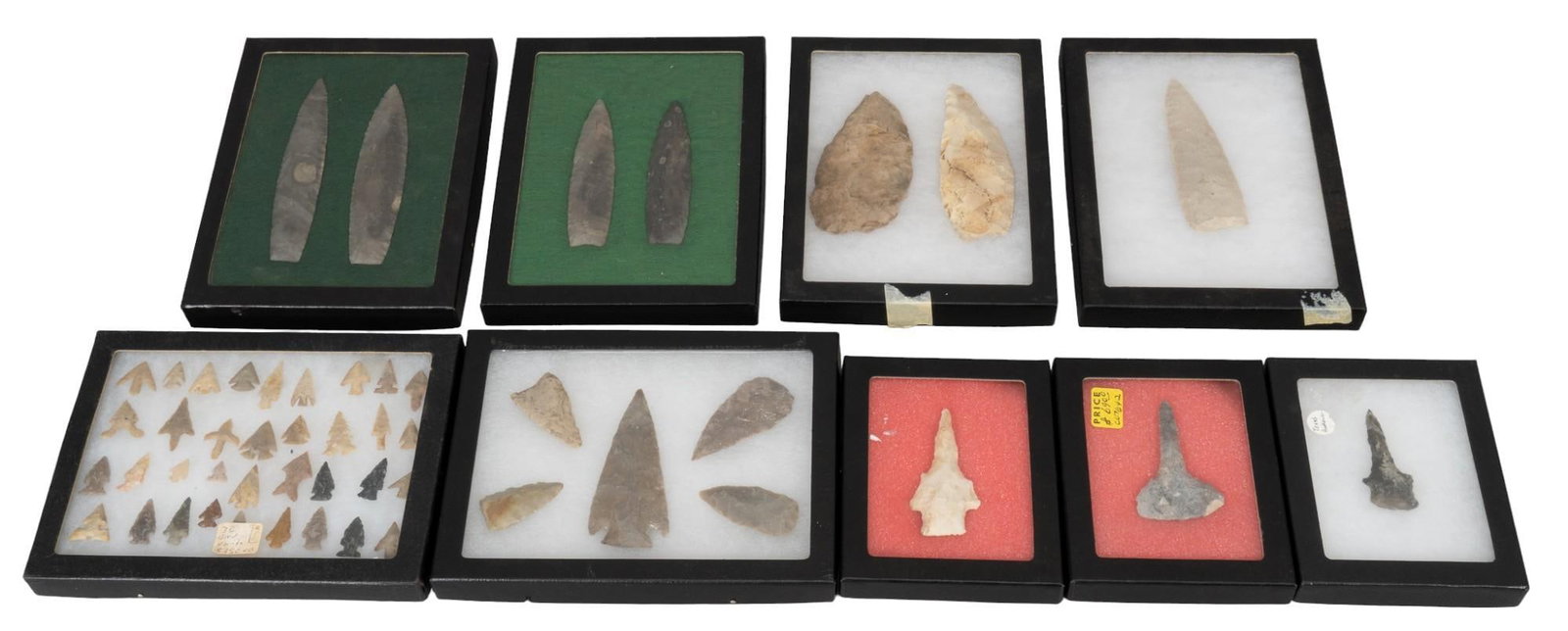 Collection of (9) Frames of Projectile Points: Collection of nine frames of projectile points, includes points made from flint and chert, varying in size, shape, and color height 1 in. x width 8.5 in. x depth 6 in. Provenance: Property from the mo
