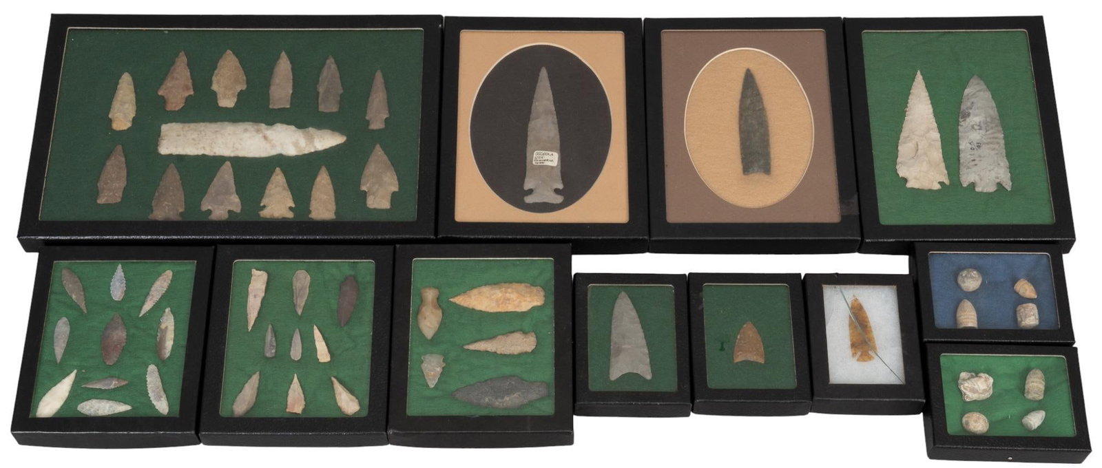 Collection of (12) Frames of Projectile Points: Collection of twelve framed projectile points, includes points from Tennessee, set of small arms bullets from Battle of Cedar Creek VA., set of small arms bullets from Savage's Station part of the