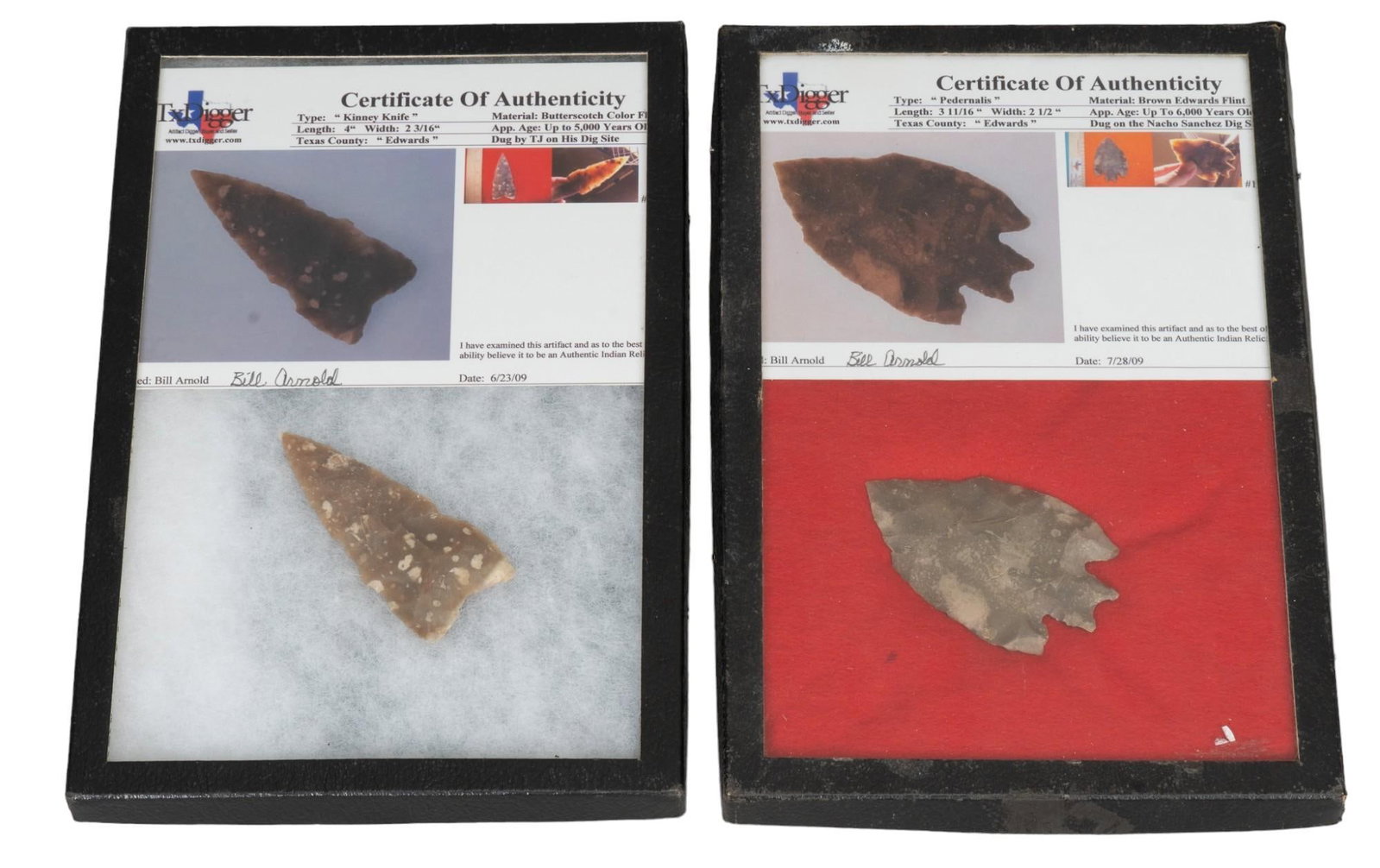 Collection of (2) Frames of Projectile Points: Collection of two frames projectile points, includes brown Edwards flint, butterscotch color flint, includes certificate of authenticity Frame of projectile points, includes projectiles of various siz