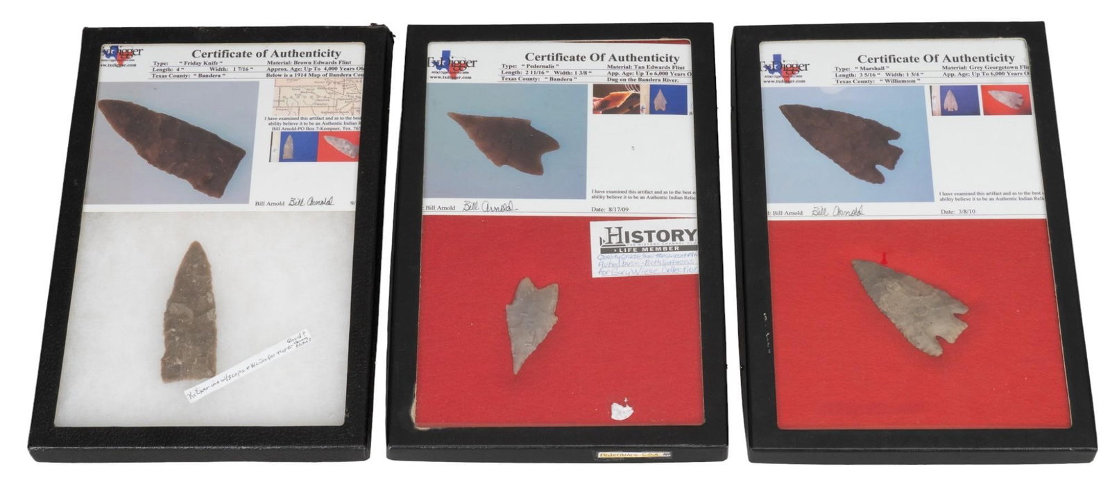 Collection of (2) Frames of Projectile Points: Collection of two frames of projectile points, includes grey Georgetown flint, tan Edwards flint, brown Edwards flint, includes certificate of authenticity height 1 in. x width 12.5 in. x depth 8.5 in