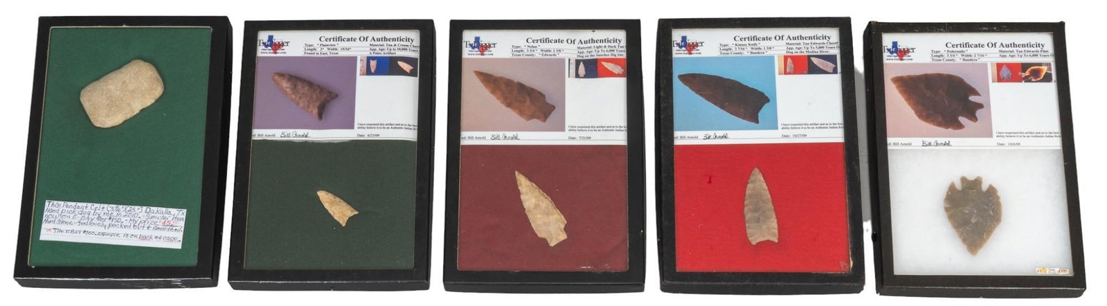 Collection of (5) Frames of Projectile Points: Collection of five frames of projectile points, includes tan Edwards flint, tan chert length 12.5 in. x width 8.5 in. x depth 1 in. / each Provenance: Property from the monumental lifetime collection 