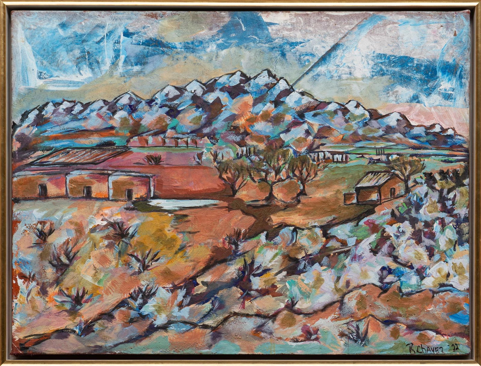 Randall Chavez, Pueblo Landscape, 2022: Randall Chavez (San Antonio, Texas), pueblo landscape, 2022, oil on patterned-weave fabric laid to wooden board Shipping available for this lot through our partner 4CL; please request a shipping quot