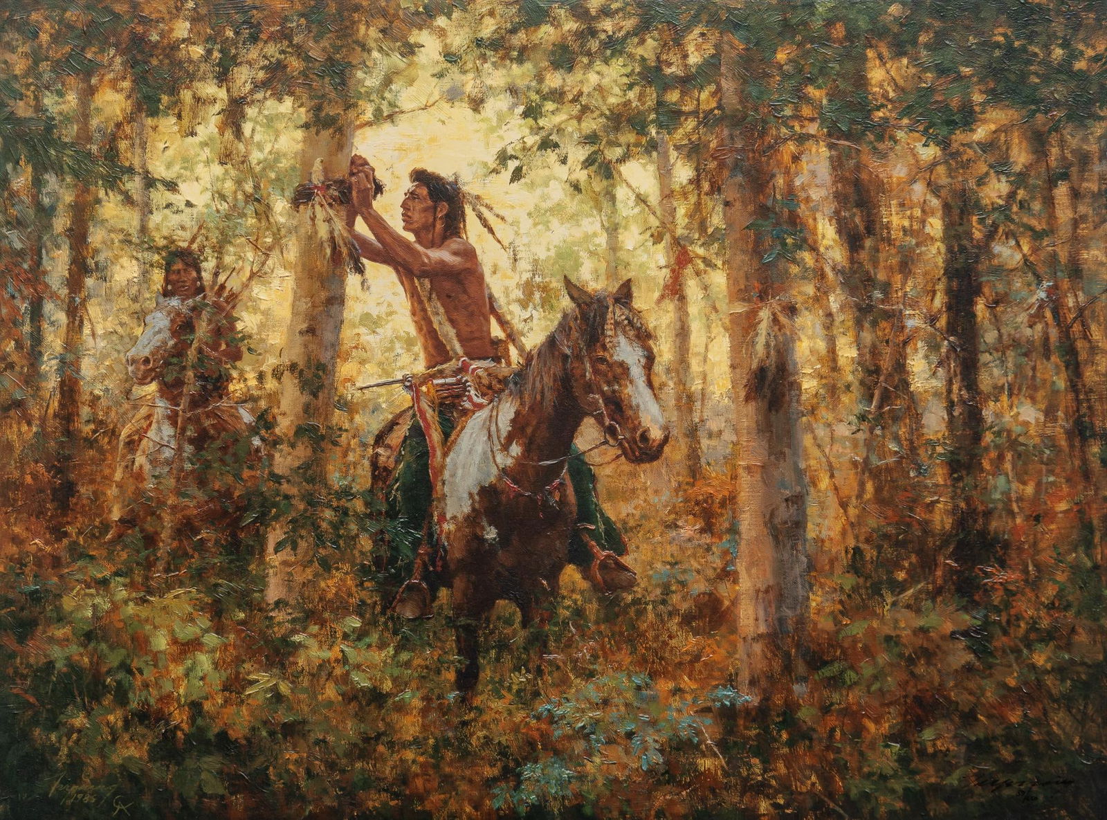 Howard Terpning, "Offerings to Sun", Giclee: Howard Terpning (Arizona, b. 1927), "Offerings to Sun", 1985, giclee print on canvas, signed and numbered ed. 59/650, framed sight: 25 x 33.5 in., frame: 34.5 x 42.5 in. Shipping available f