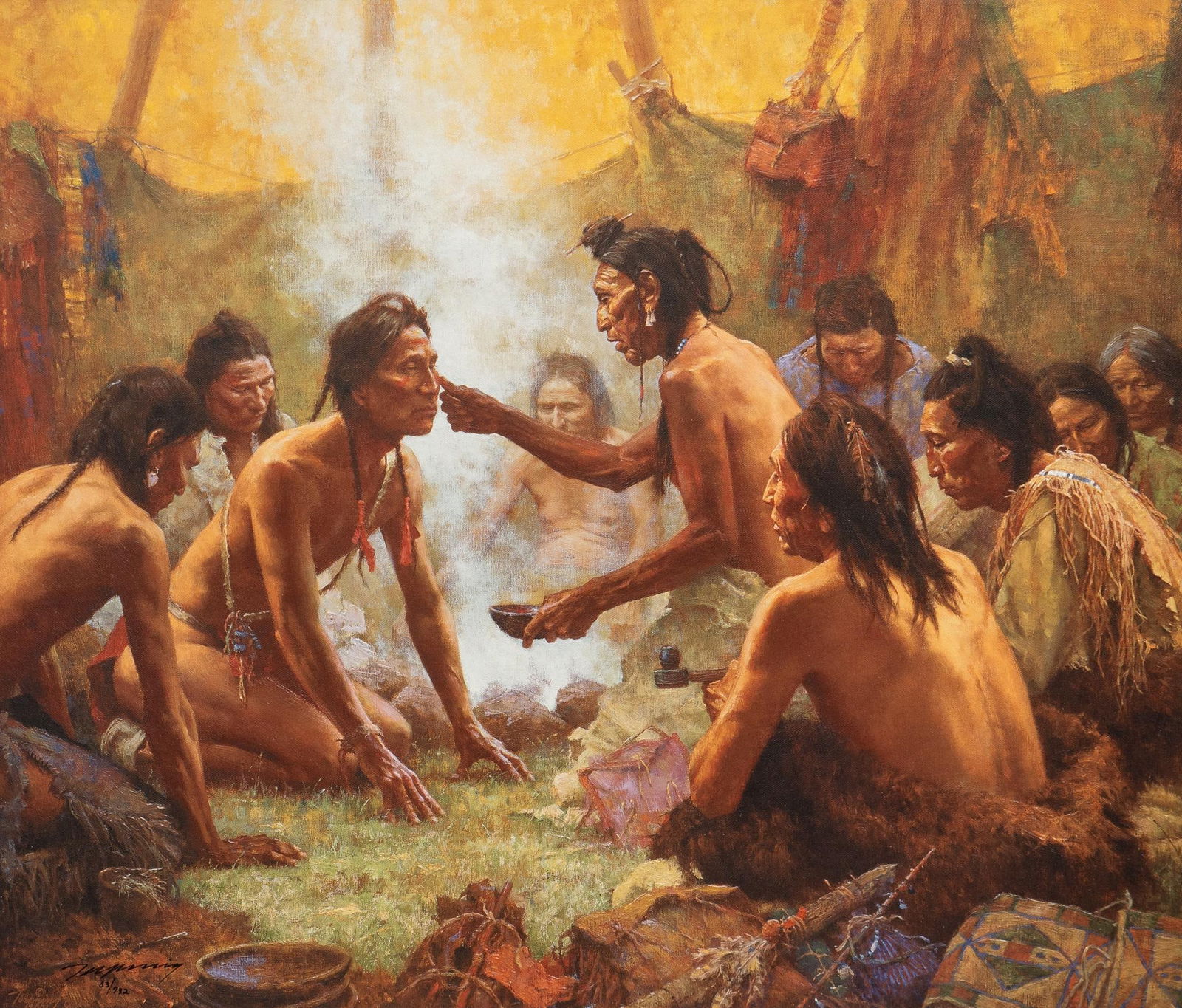 Howard Terpning, "Blessing from the Medicine Man", Giclee: Howard Terpning (Arizona, b. 1927), "Blessing from the Medicine Man", giclee print on canvas, signed and numbered ed. 63/732, framed sight: 24 x 28 in., frame: 35.5 x 39.5 in. Shipping avail