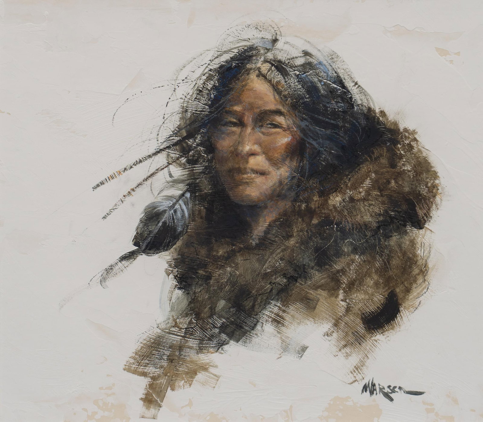 Mike Larsen, Buffalo Robe€: Mike Larsen (Oklahoma, b. 1945), Buffalo Robe€?, oil on primed panel sight: 15 x 17 in., frame: 27 x 28 in. Shipping available for this lot through our partner 4CL; please request a shipping quot