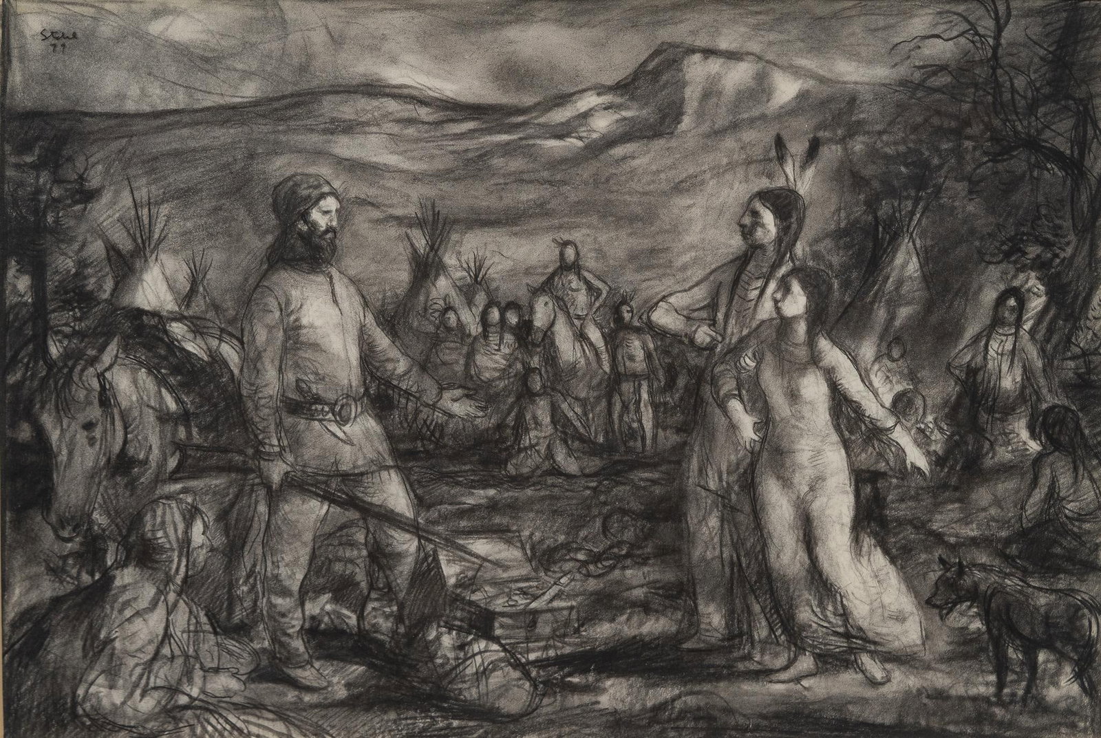 Ben Stahl, Bartering, 1979: Benjamin Stahl (Amer., 1910-1987), trapper and Native American encounter, 1979, charcoal on paper sight: 10 x 15 in., frame: 16.5 x 20.5 in. Benjamin Albert Stahl was a painter and illustrator, who wa