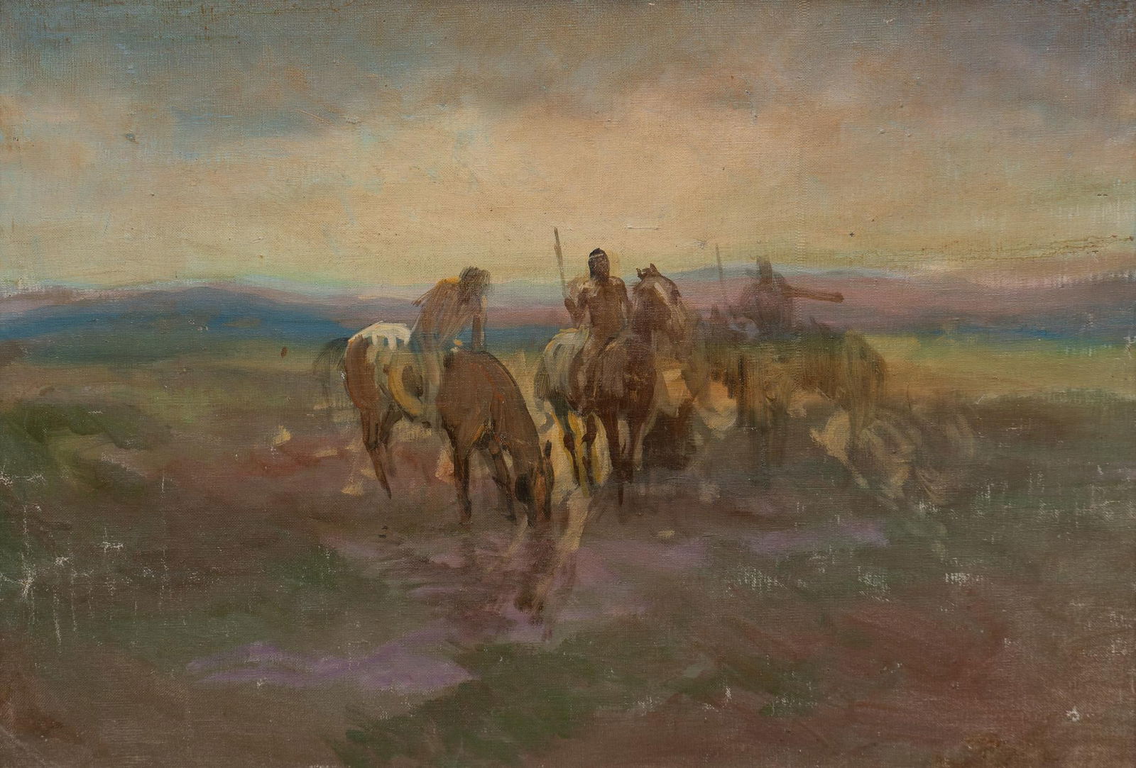 Lajos Markos, Native American Warriors: Lajos Markos, Native American warriors, oil on canvas sight: 18 x 26 in., frame: 29 x 37 in. Shipping available for this lot through our partner 4CL; please request a shipping quote at shipping@