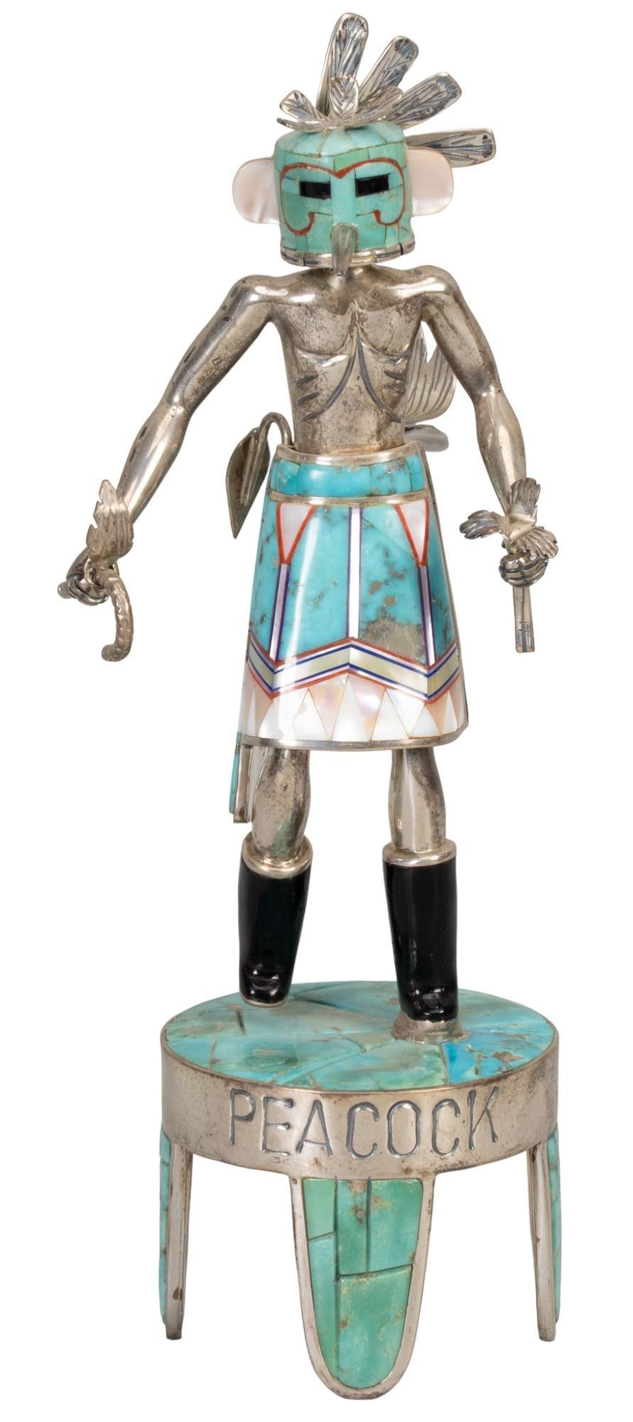 David Freeland Jr., Sterling and Turquoise "Peacock": David R. Freeland Jr., sterling (17.4 oz) and turquoise "Peacock" figurine with semi-precious stone inlay, with removeable spear, headdress and skirt height 8 in. x width 3 in. x depth 3 in. S
