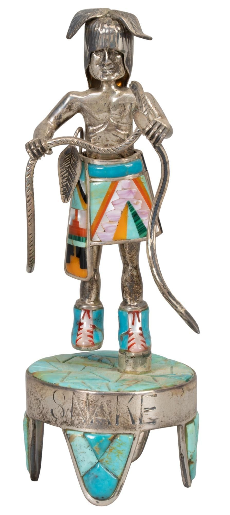 David Freeland Jr., Sterling and Turquoise "Snake": David Freeland Jr., sterling (8.4 oz) and turquoise "Snake" figurine with semi-precious stone inlay, with removeable snake accessories, headdress and skirt height 5.5 in. x width 2.5 in. x dep