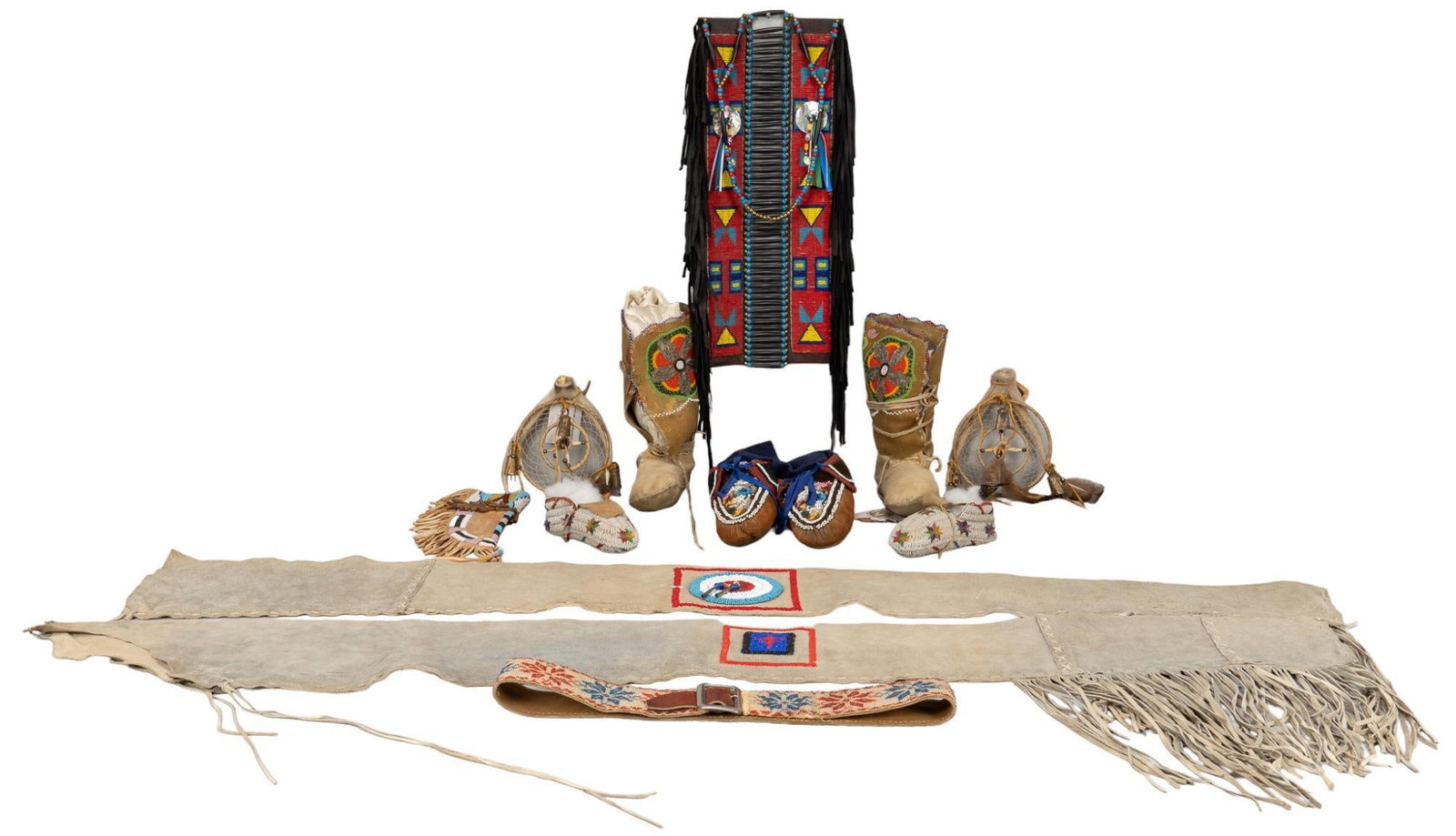 Collection of Beaded Native American Style Accessories: Collection of beaded Native American stye accessories, includes three pairs of moccasins, beaded leather belt, suede pants, hanging beaded and leather accessory, knife and bow sheaths length 62 in. x 