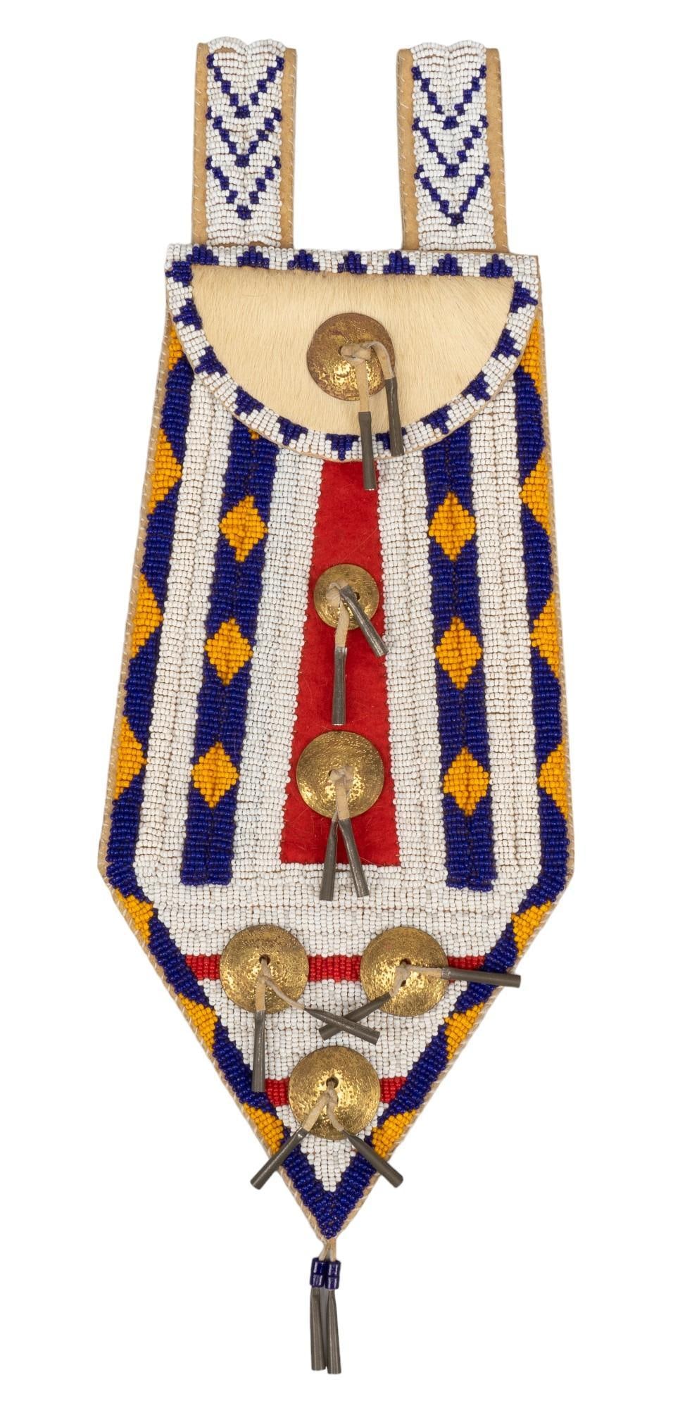 Handmade Beaded Native American Style Animal Hide Pouch: Handmade beaded Native American style animal hide pouch, geometric pattern bead work with colors white, blue and yellow, metal buttons, pouch does not have closure fasting, two handles at top Provenan