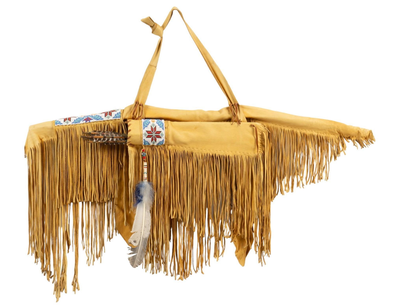 Native American Style Beaded Leather Bow, Arrow, and Quiver: Native American style beaded leather bow, arrow and quiver, light brown leather quiver and bow case with blue and white beading details, fringe and feather accents, arrows included with projectile poi