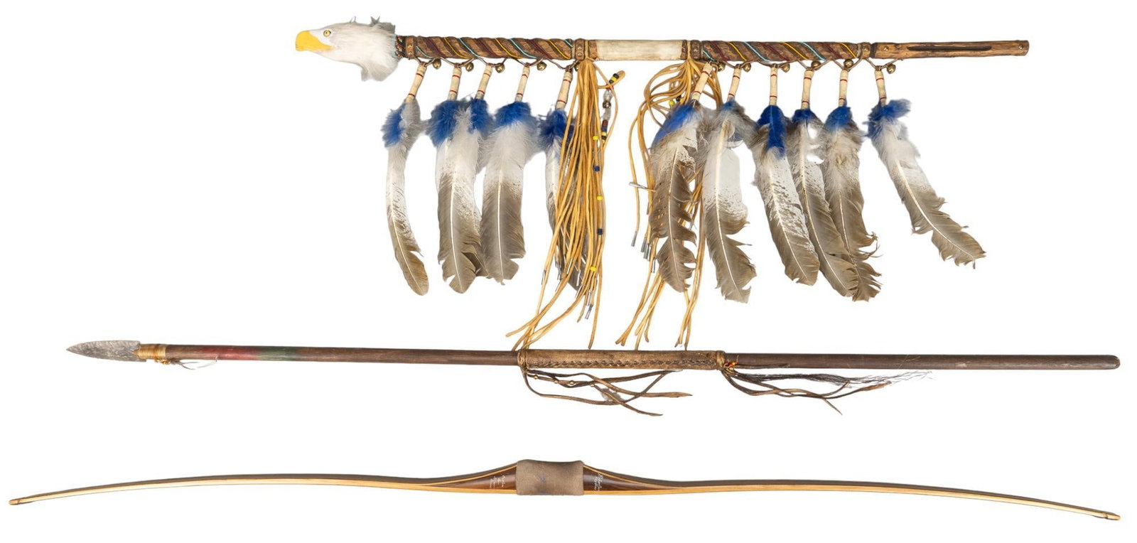 (3) Native American Style Decor: Three pieces of Native American style decor, includes one wooden archery bow, one wooden spear with leather hide accent and carved stone tip, and one carved staff with feather, and leather accents, wi