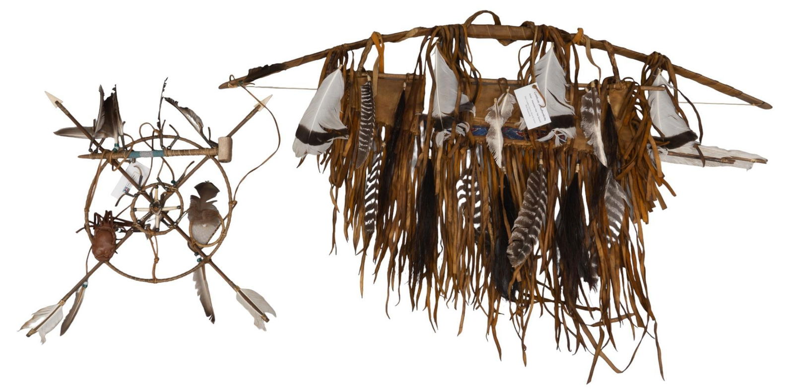 Native American Peace Pipe and Bow and Arrow: Native American peace pipe and bow and arrow, includes peace pipe mandala with bead work and medicine pouch, deer leather quiver, bow, and arrow with bead work, both items come with certificate of aut
