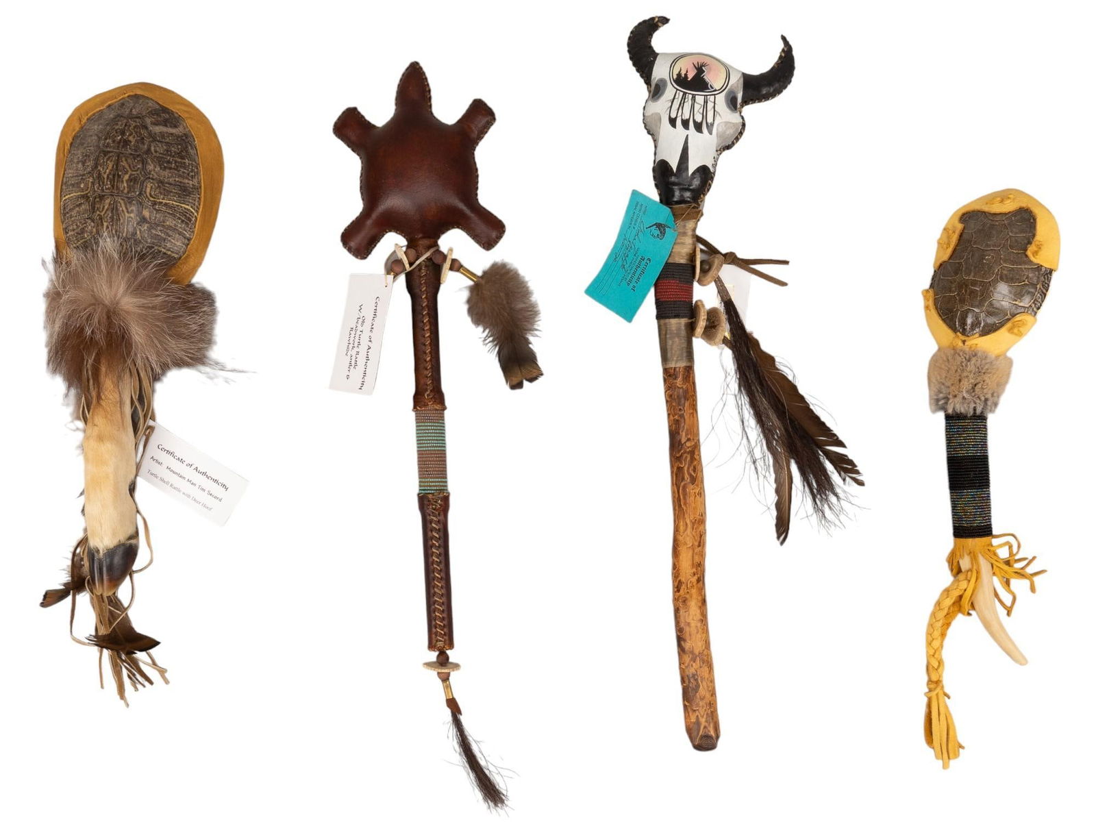 Collection of (4) Native American Shakers: Collection of four Native American shakers, includes turtle shell rattle with deer hoof, old turtle rattle with bead work, antler and rawhide, old dance stick with steer rawhide and painted tee pee im