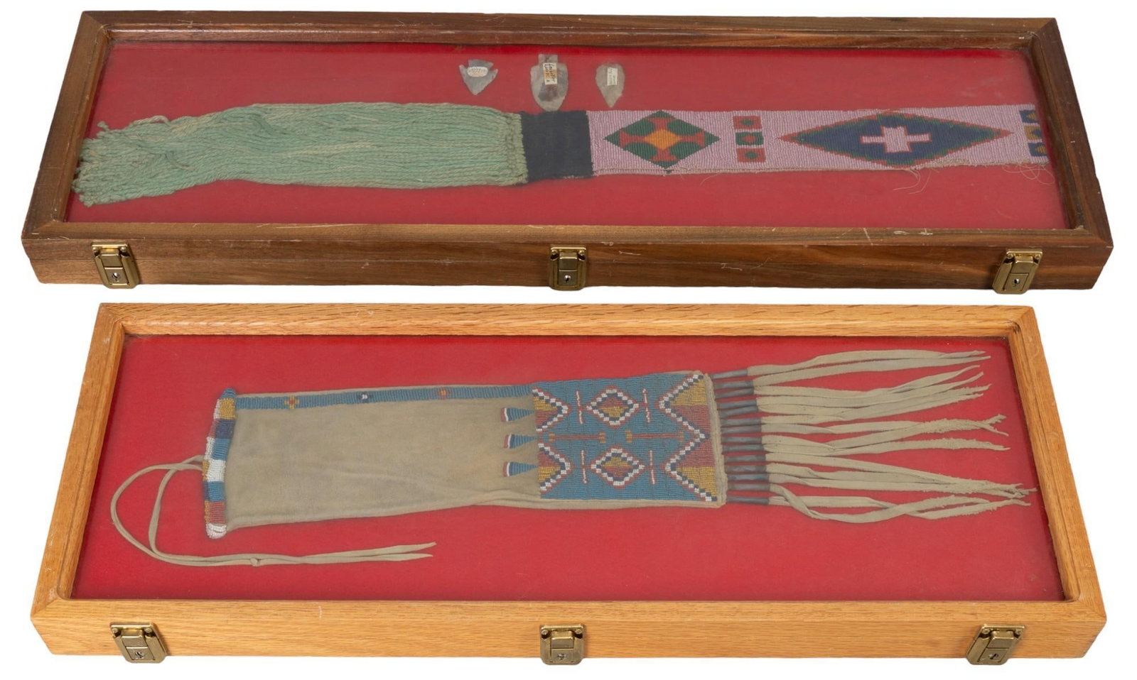 Collection of (2) Frames of Native American Style Objects: Collection of two frames of Native American style objects, includes one frame with beaded and fringe arm sleeve, one frame with beaded belt and set of three projectile points height 2 in. x width 36 i