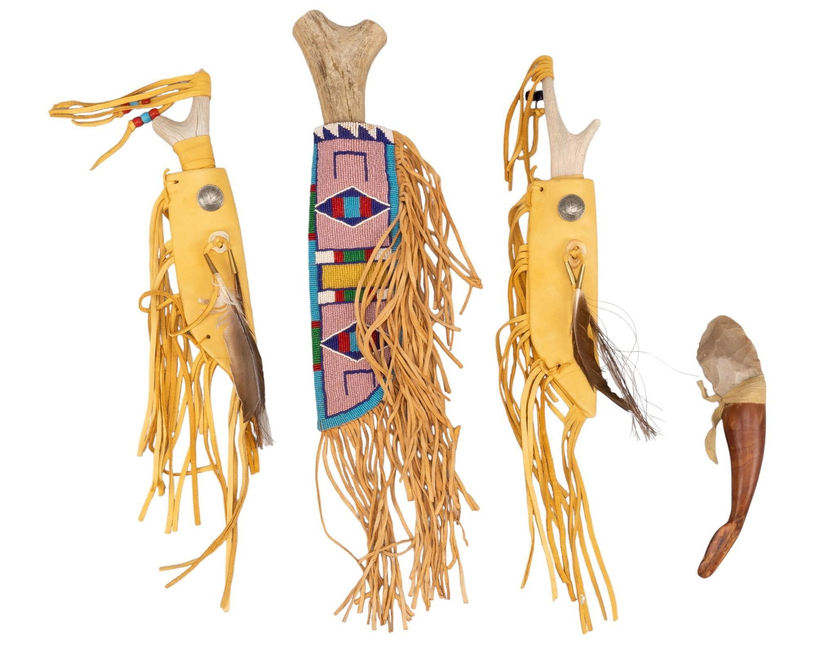 Collection of (4) Knives with (3) Sheaths: Collection of four knives with three sheaths, three antler handle knives, one projectile point knife, two Native American style beaded sheaths with leather fringe, two Native American style leather sh
