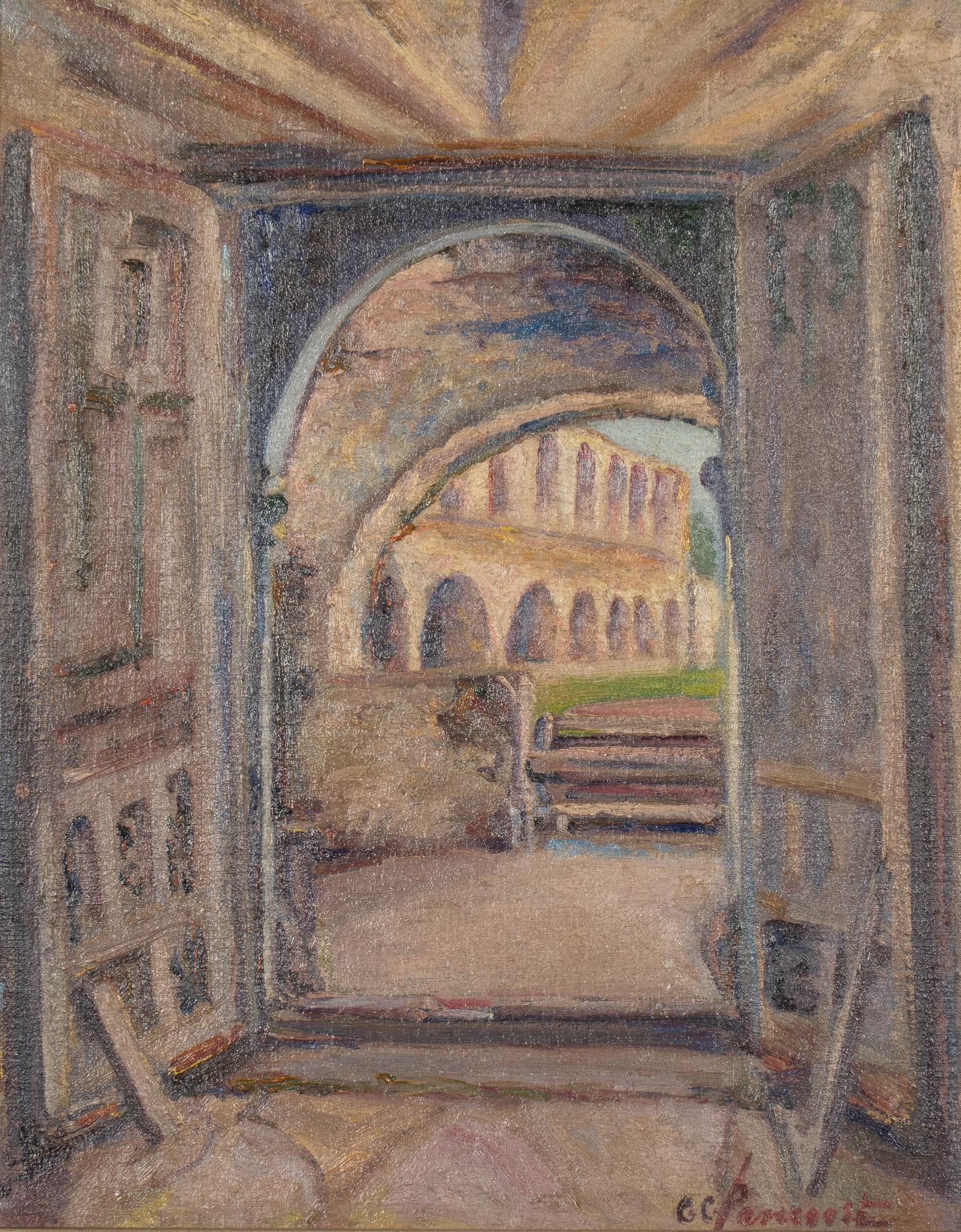 Clara Pancoast, View of Mission San Jose Granary: Clara Caffrey Pancoast (Texas, 1872-1959), view of Mission San Jose granary, oil on canvas laid to board sight: 20 x 16 in., frame: 27 x 23 in. Provenance: A long-time San Antonio, Texas art collector