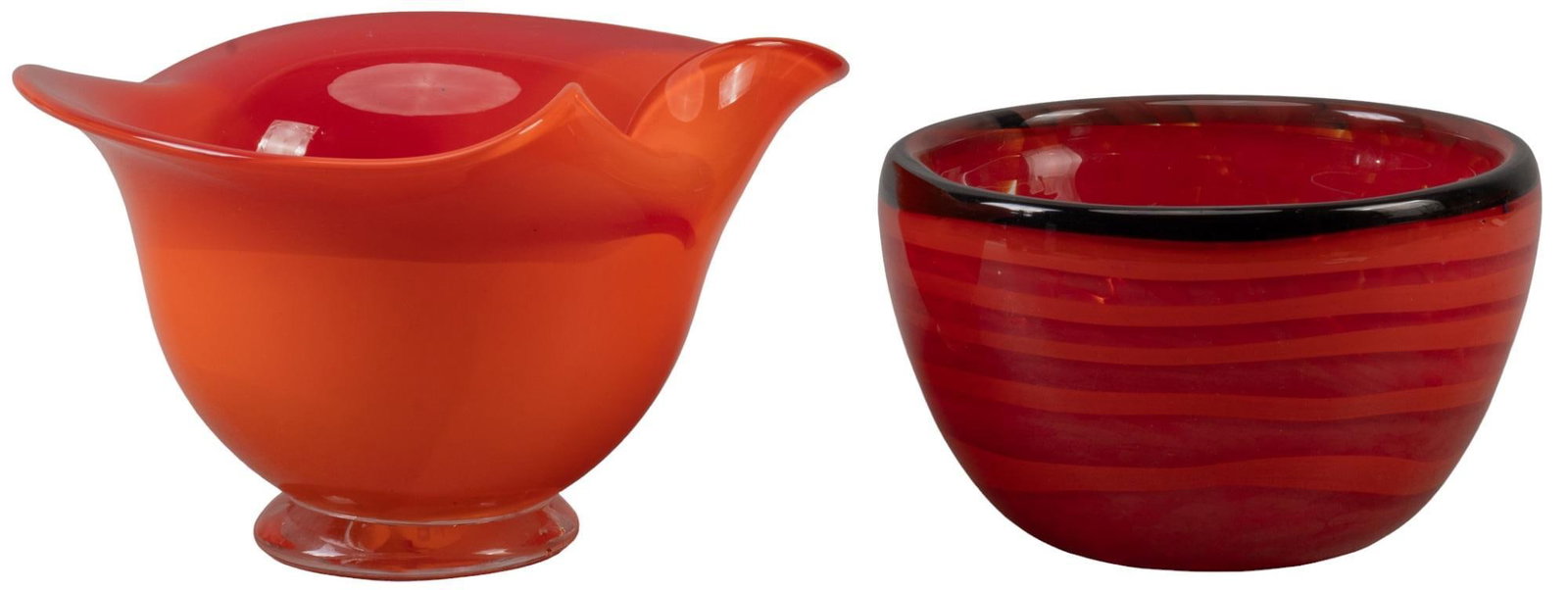 Garcia Art Glass, (2) Bowls: Garcia Art Glass (San Antonio, Texas), two bowls, to include one orange bowl, 2006, with waved rim, footed base, signed on base, numbered 349, one heavy bowl, 2006, with thick walls, black rim, orange