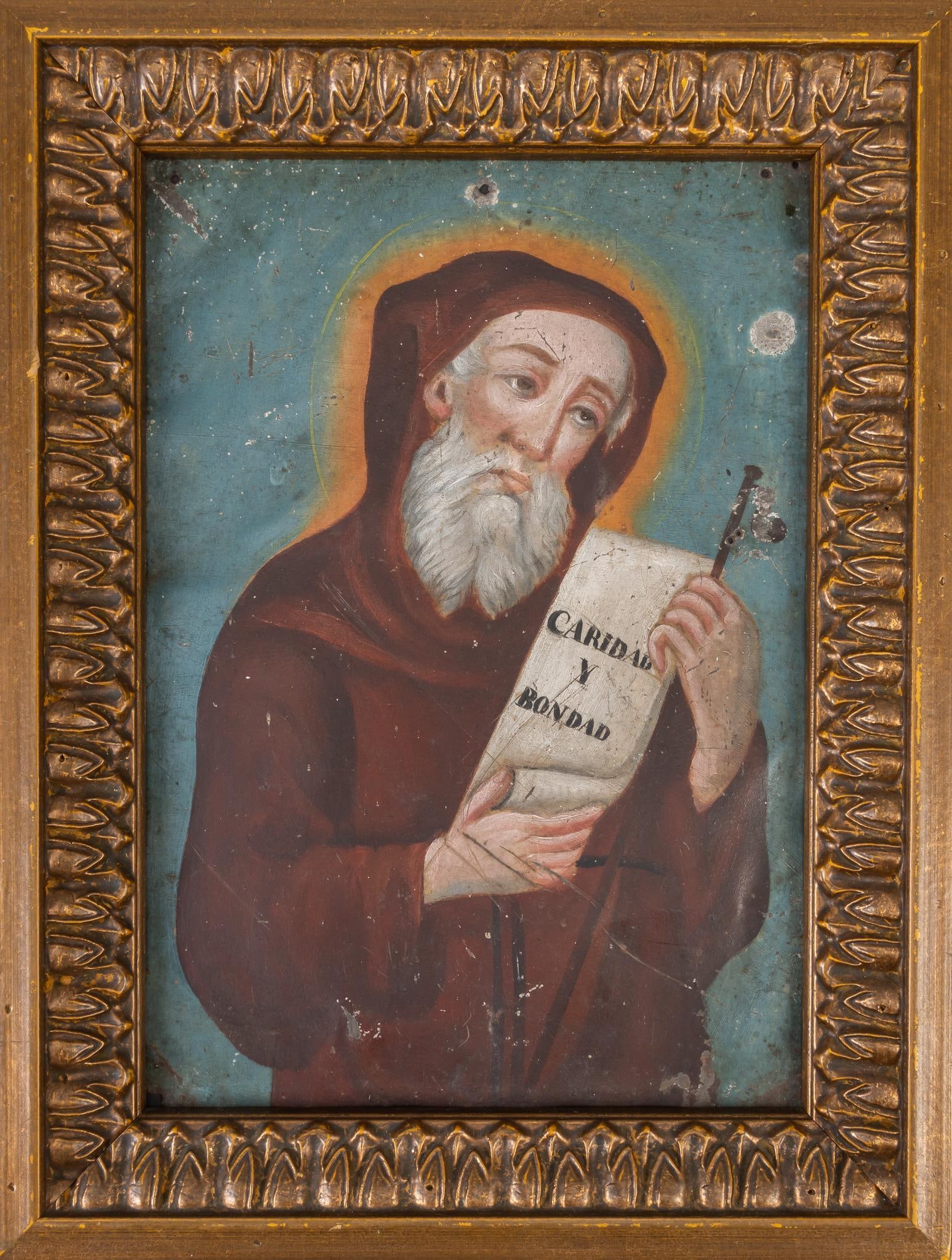 19th C. Mexican Retablo, San Francisco de Paula: Mexican retablo, depicting San Francisco de Paola (St. Francis of Paola, oil on tin, circa 19th century sight: 9.5 x 6.75 in., frame: 12.5 x 9.5 x 1.5 in. Provenance: Property from the collection o